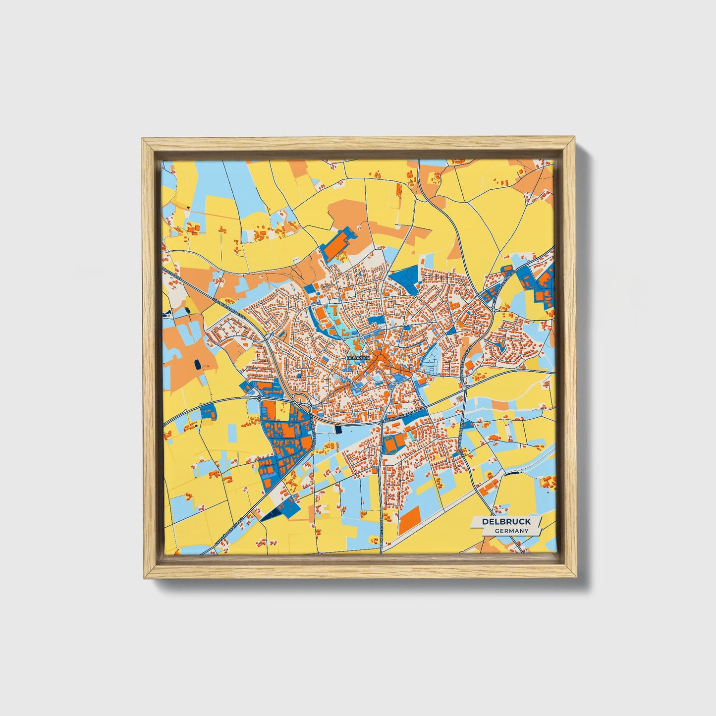 Delbrück Germany Colorful City Map Canvas Print • Natural Wooden Framed