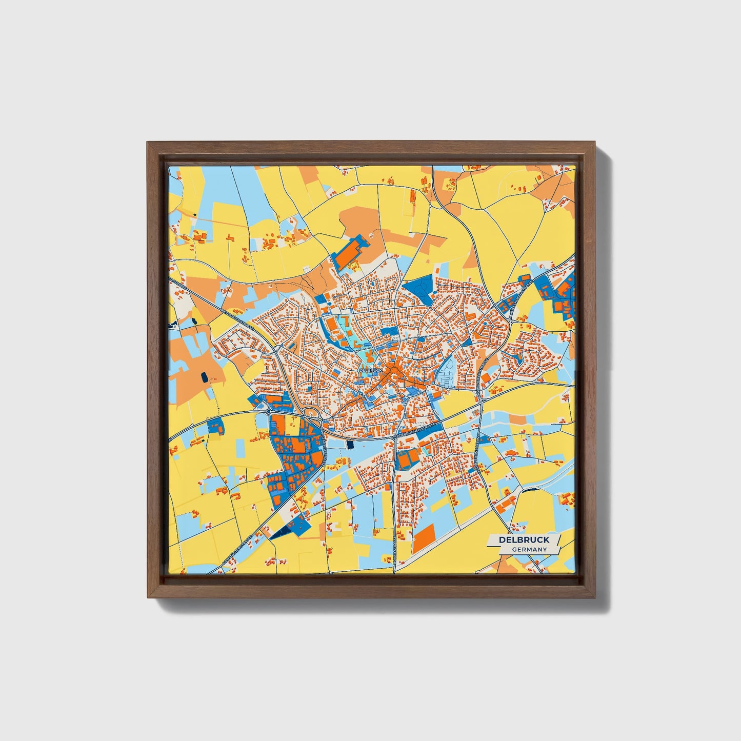 Delbrück Germany Colorful City Map Canvas Print • Dark Wooden Framed