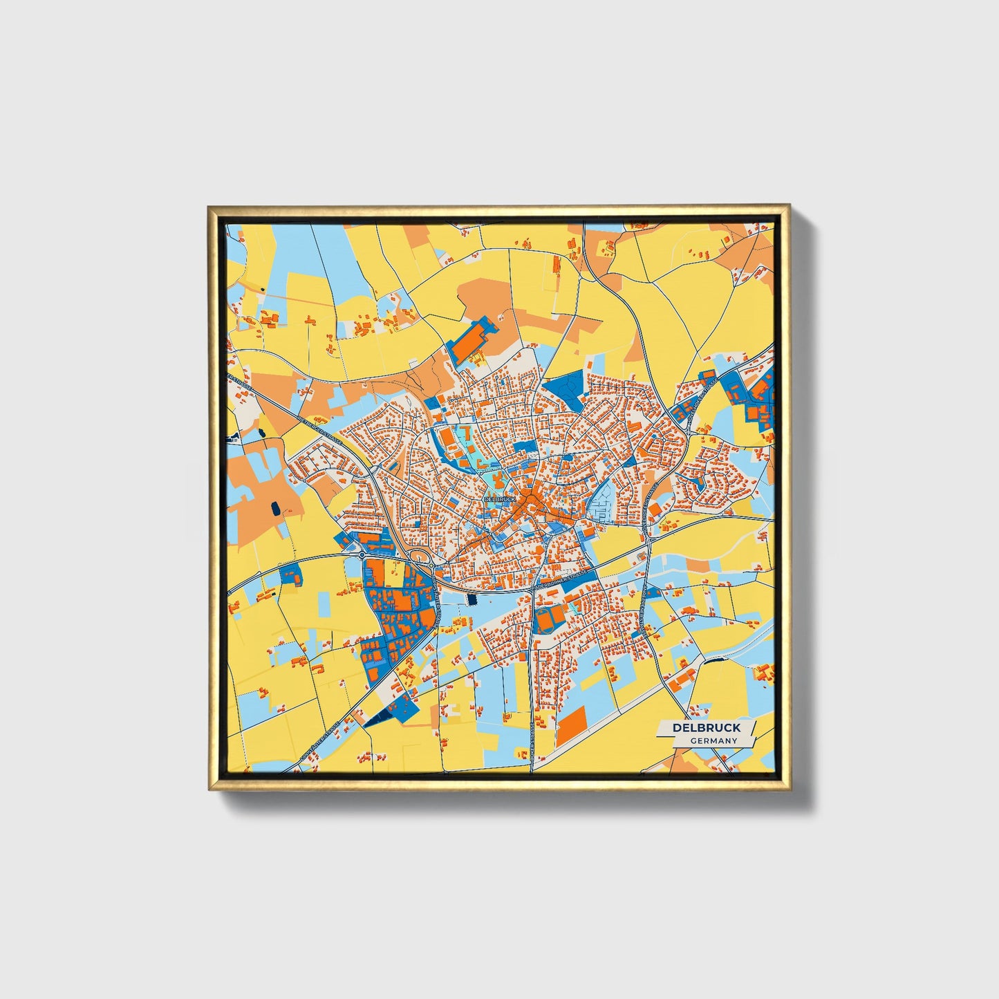 Delbrück Germany Colorful City Map Canvas Print • Gold Framed
