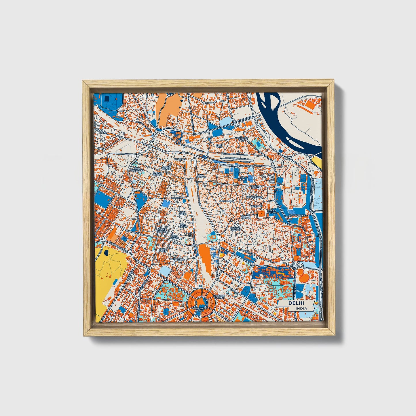 Delhi India Colorful City Map Canvas Print • Natural Wooden Framed