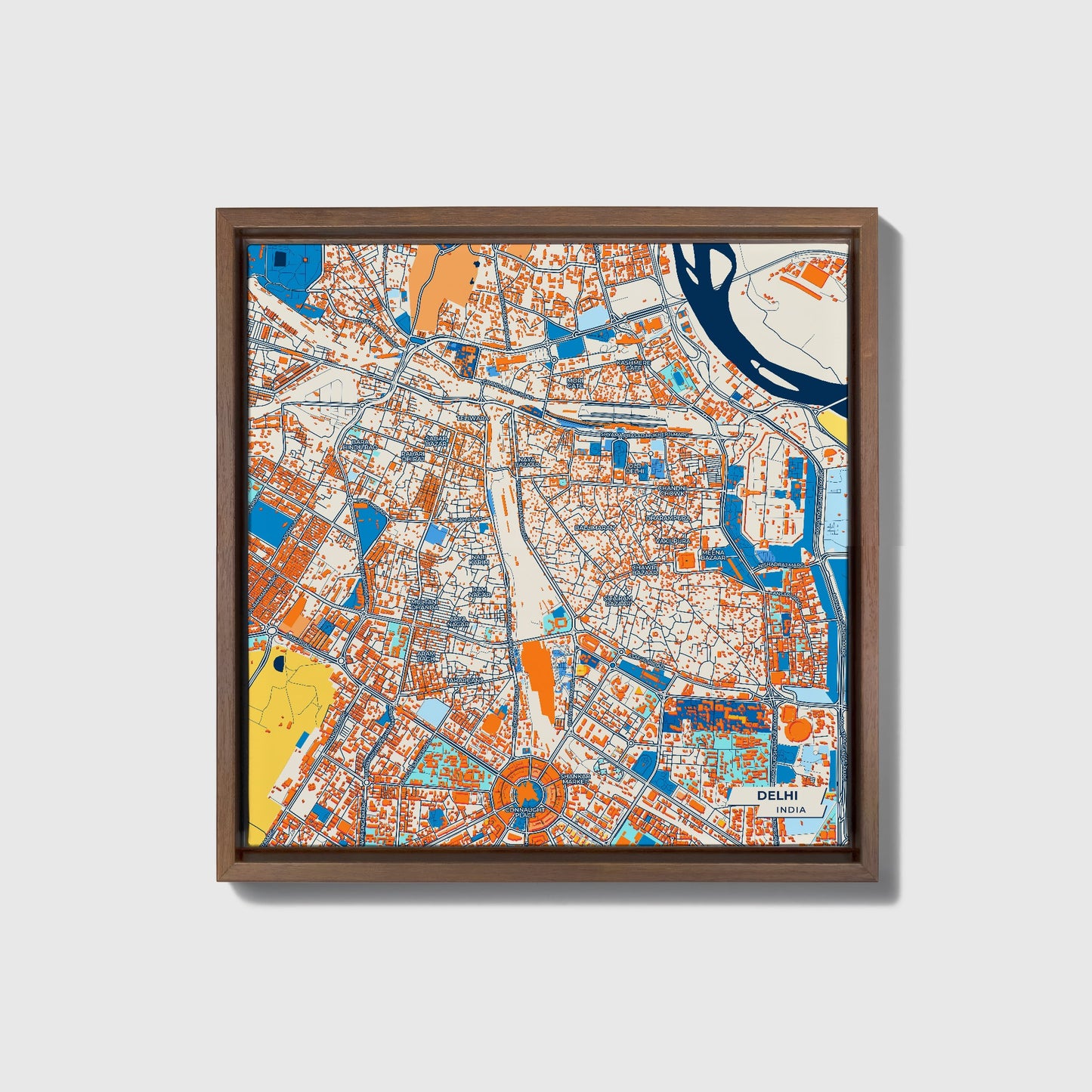 Delhi India Colorful City Map Canvas Print • Dark Wooden Framed