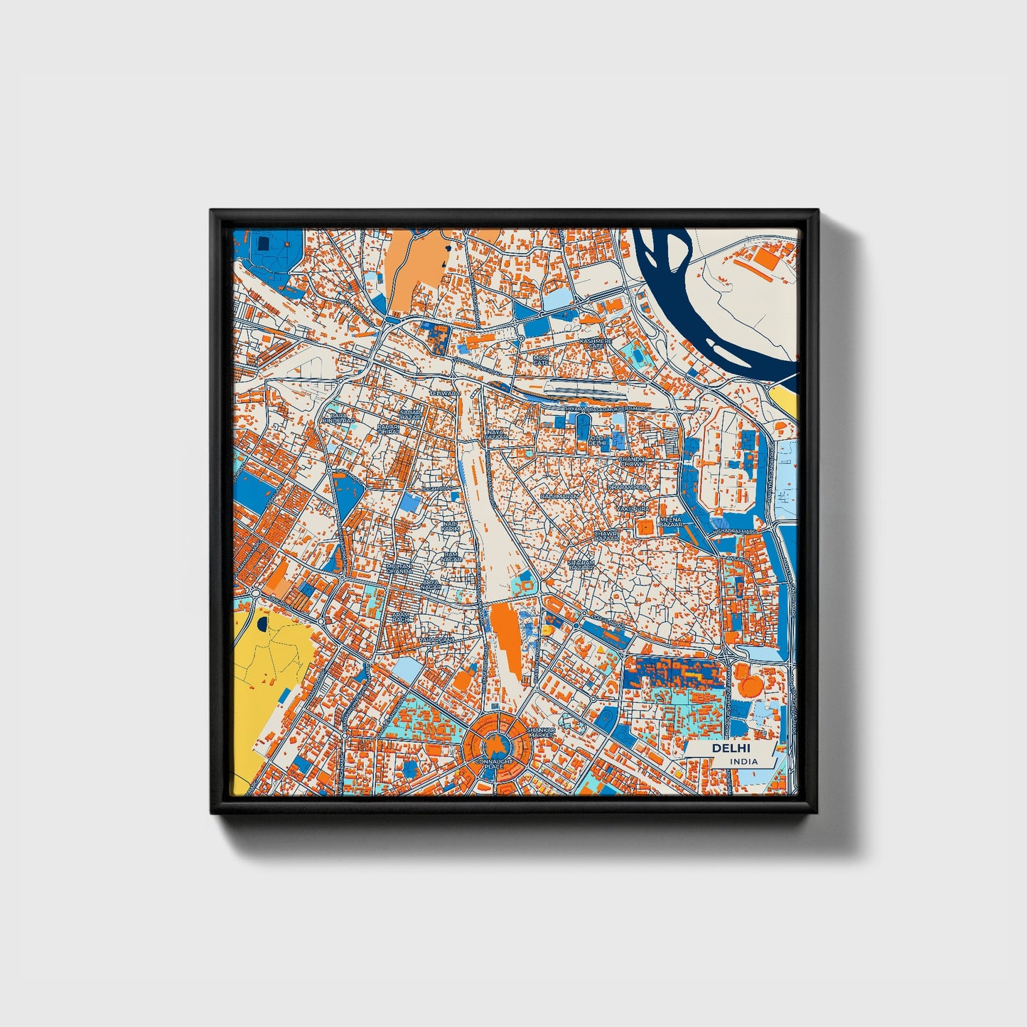 Delhi India Colorful City Map Canvas Print • Black Framed