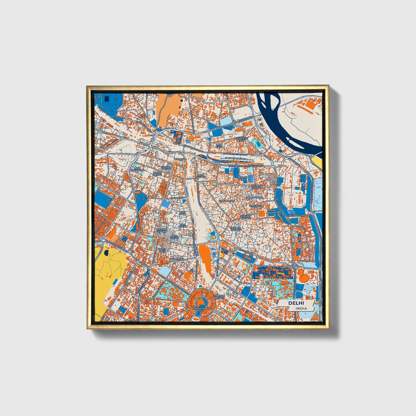Delhi India Colorful City Map Canvas Print • Gold Framed