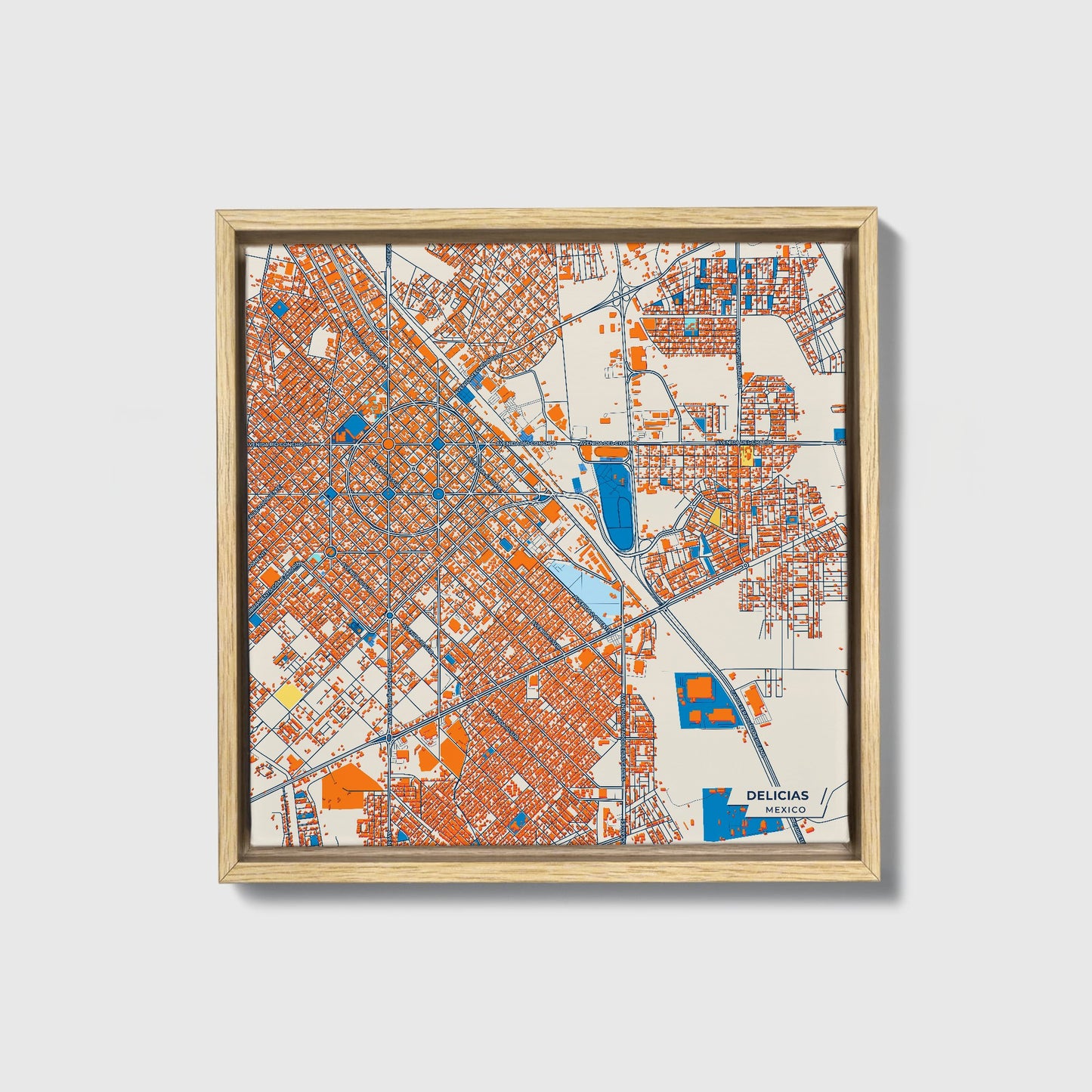 Delicias Mexico Colorful City Map Canvas Print • Natural Wooden Framed