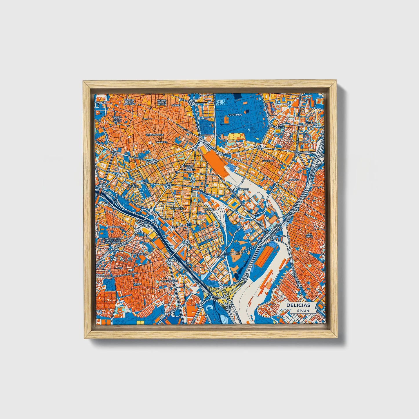 Delicias Spain Colorful City Map Canvas Print • Natural Wooden Framed