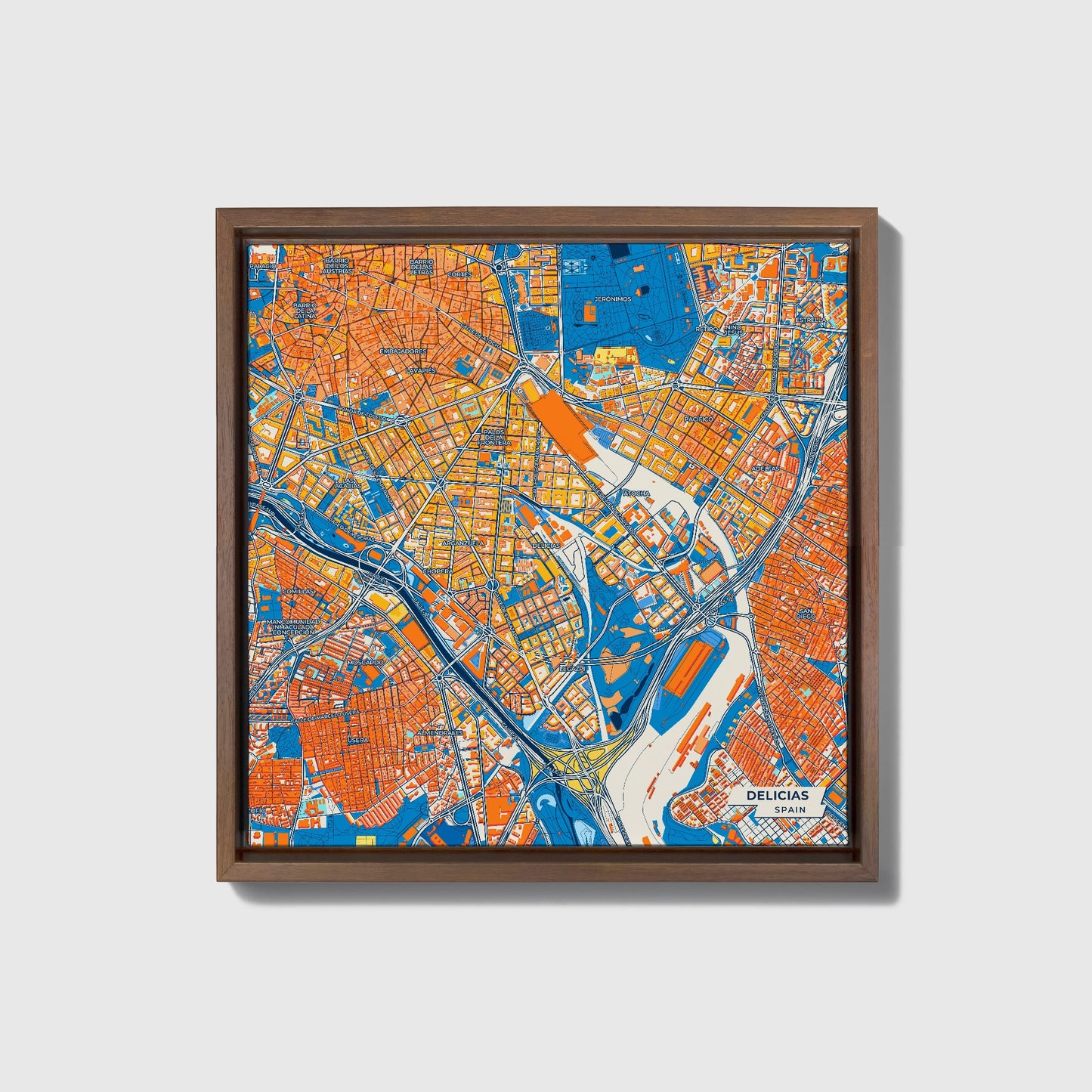 Delicias Spain Colorful City Map Canvas Print • Dark Wooden Framed