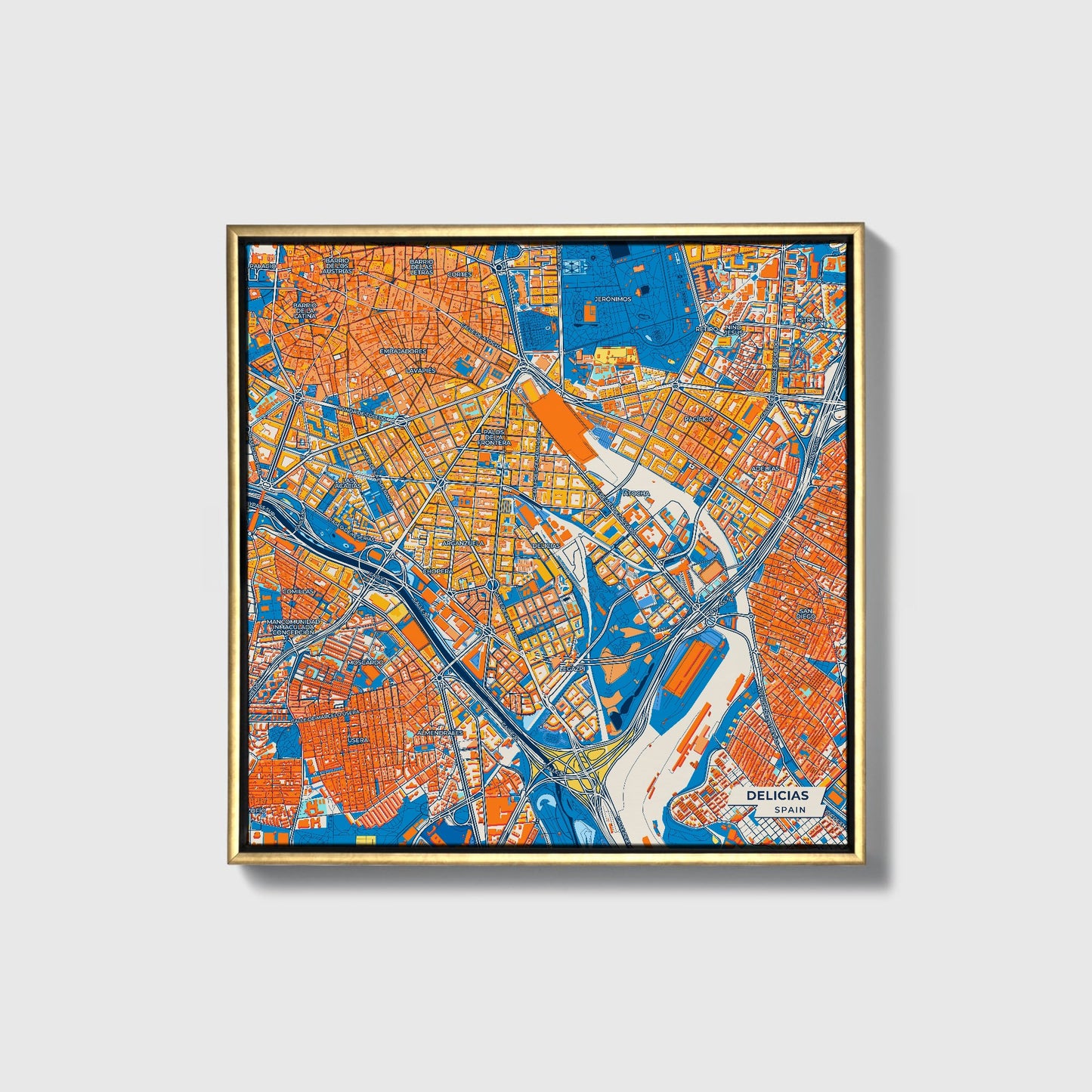 Delicias Spain Colorful City Map Canvas Print • Gold Framed