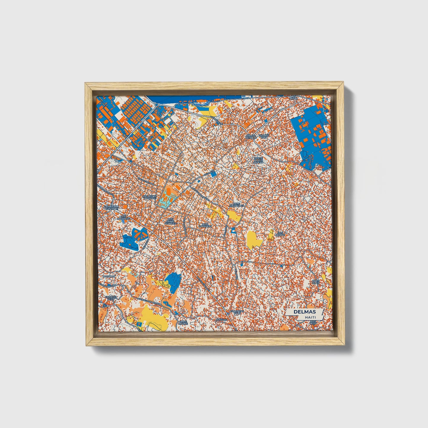 Delmas Haiti Colorful City Map Canvas Print • Natural Wooden Framed