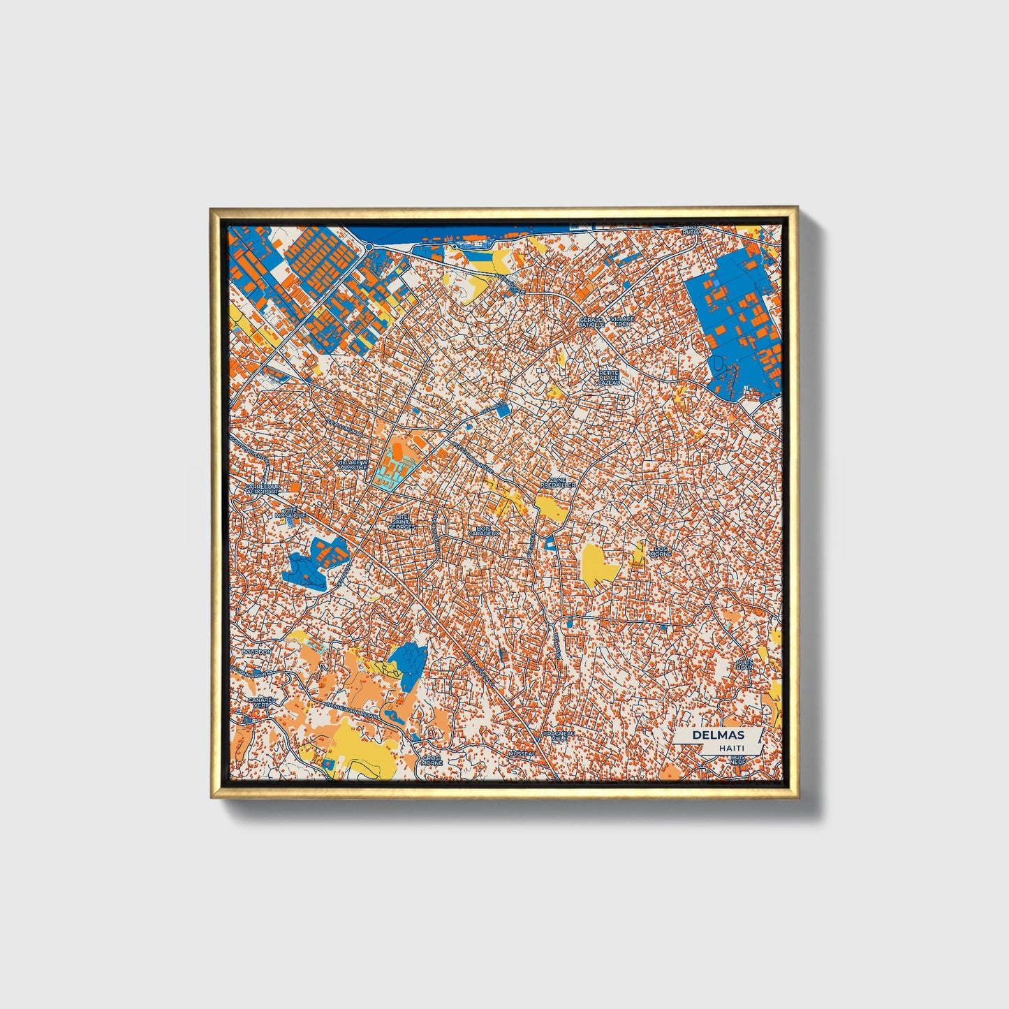 Delmas Haiti Colorful City Map Canvas Print • Gold Framed