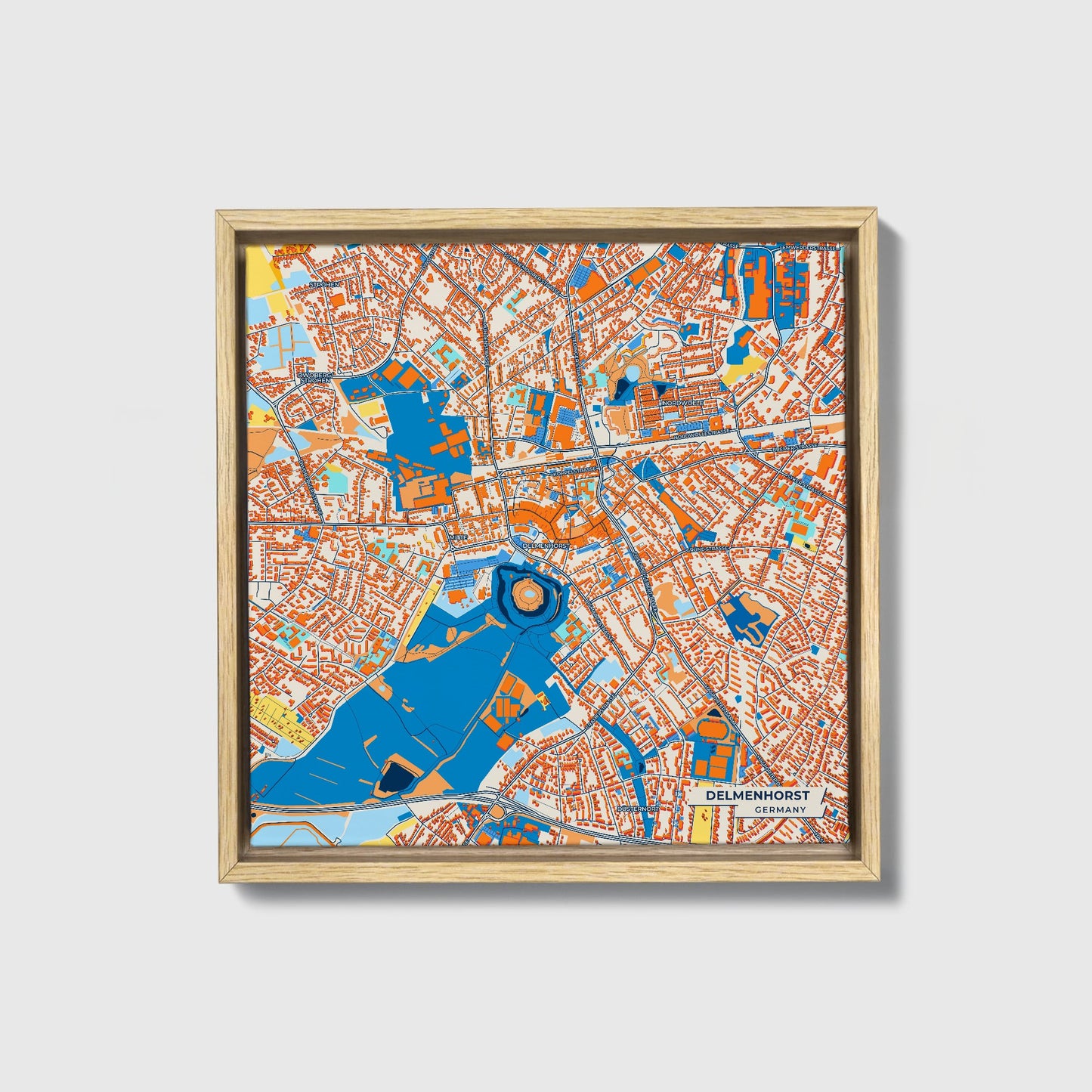 Delmenhorst Germany Colorful City Map Canvas Print • Natural Wooden Framed