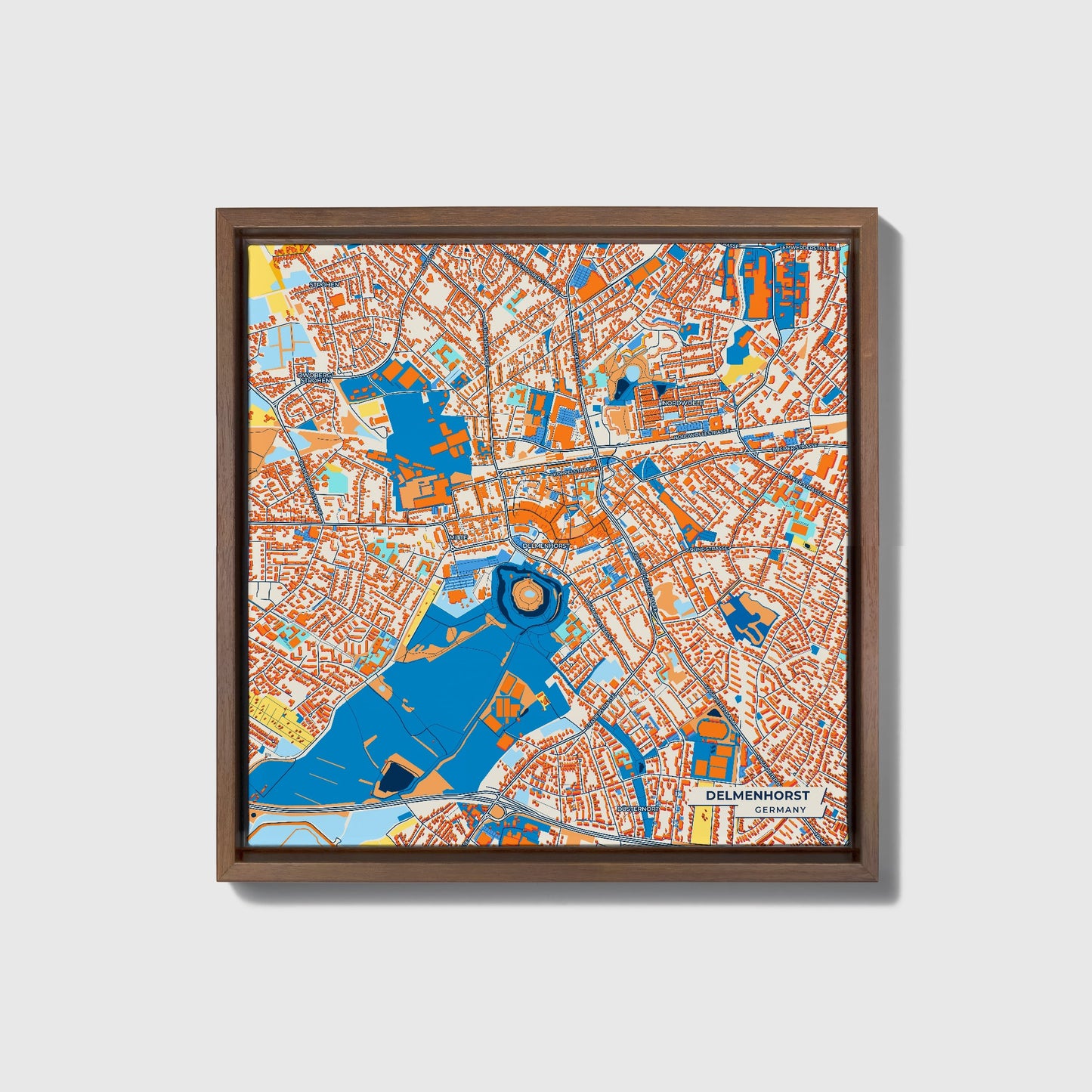 Delmenhorst Germany Colorful City Map Canvas Print • Dark Wooden Framed