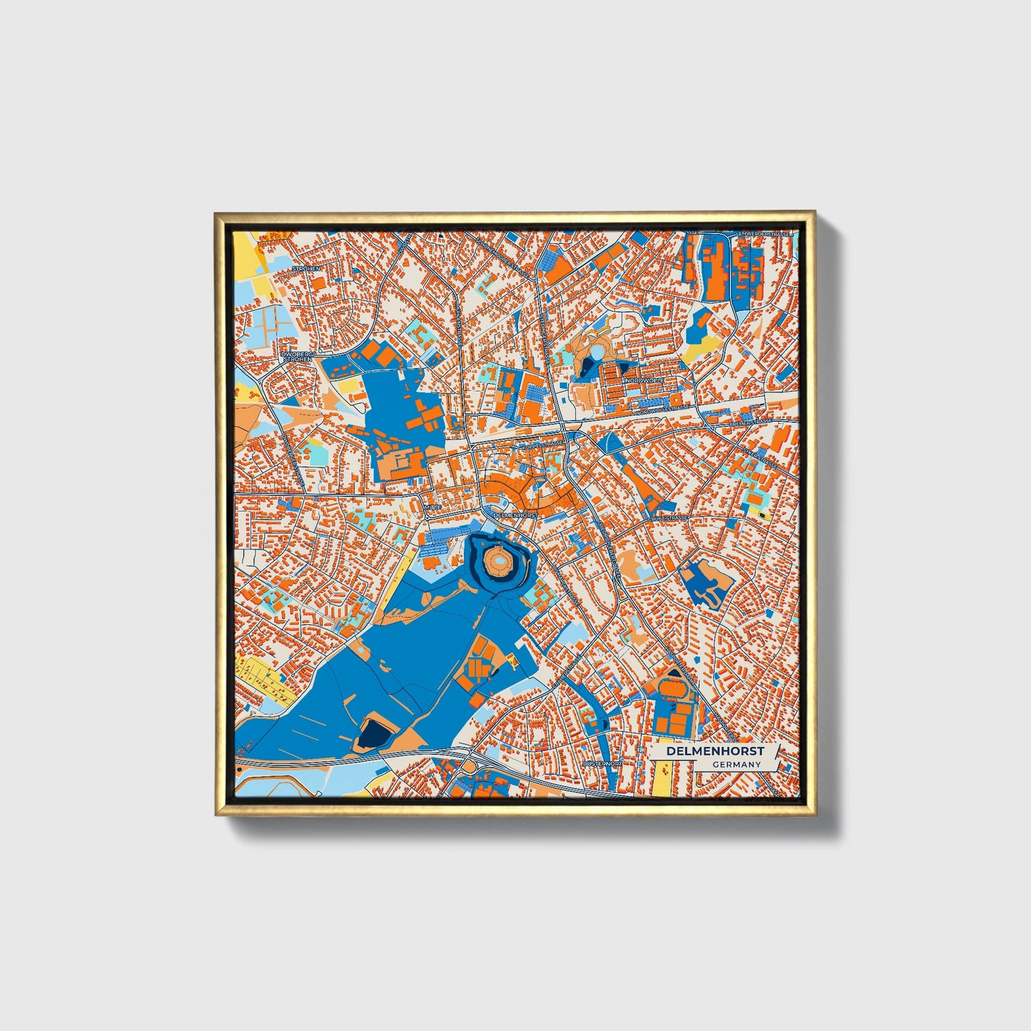 Delmenhorst Germany Colorful City Map Canvas Print • Gold Framed