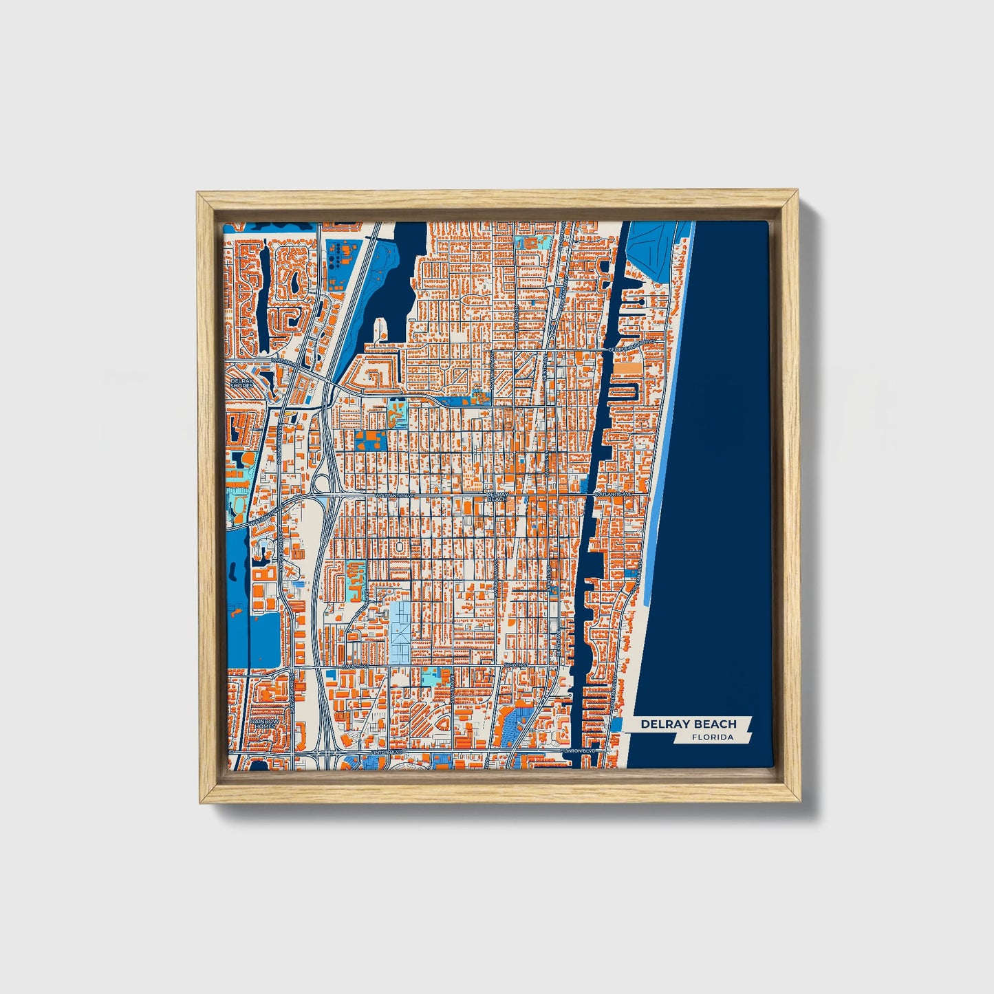 Delray Beach Florida Colorful City Map Canvas Print • Natural Wooden Framed