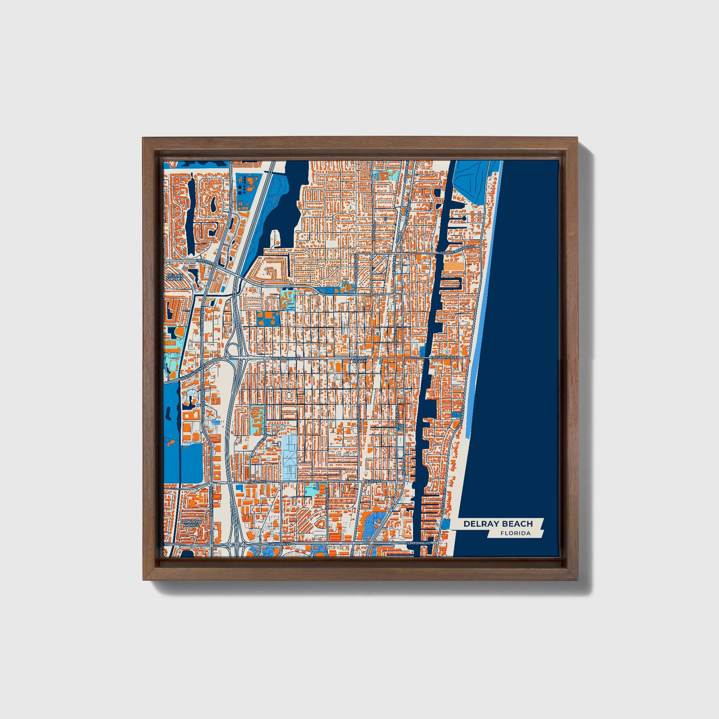 Delray Beach Florida Colorful City Map Canvas Print • Dark Wooden Framed