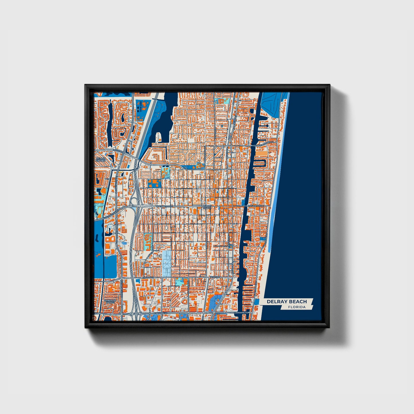 Delray Beach Florida Colorful City Map Canvas Print • Black Framed