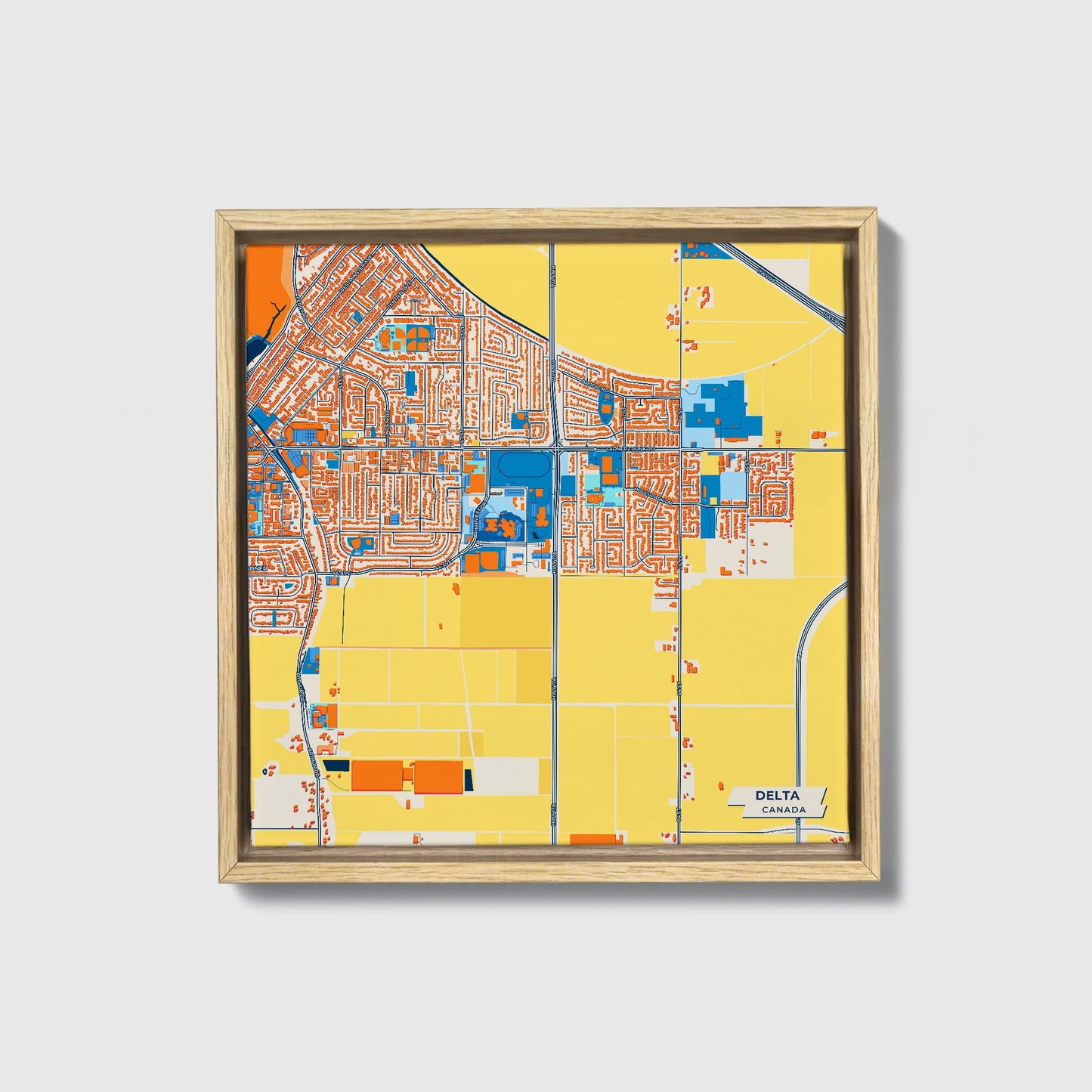 Delta Canada Colorful City Map Canvas Print • Natural Wooden Framed