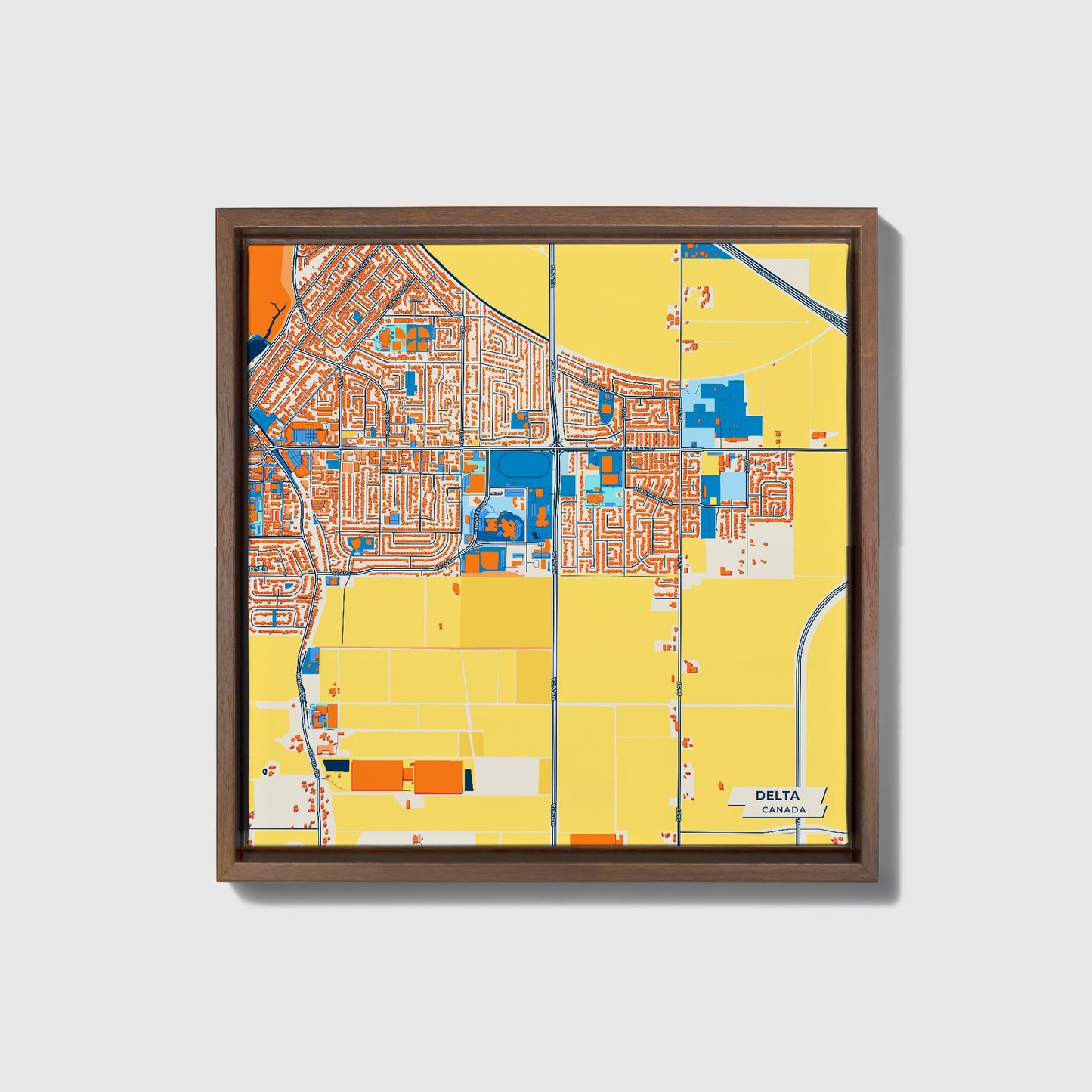 Delta Canada Colorful City Map Canvas Print • Dark Wooden Framed
