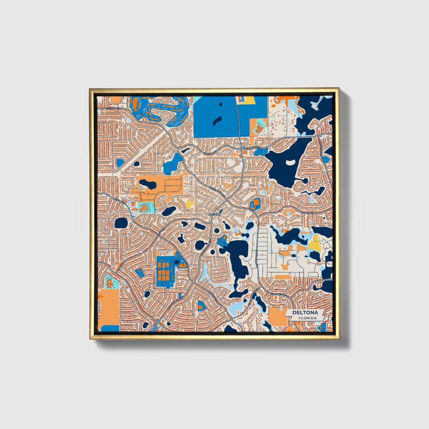 Deltona Florida Colorful City Map Canvas Print • Gold Framed