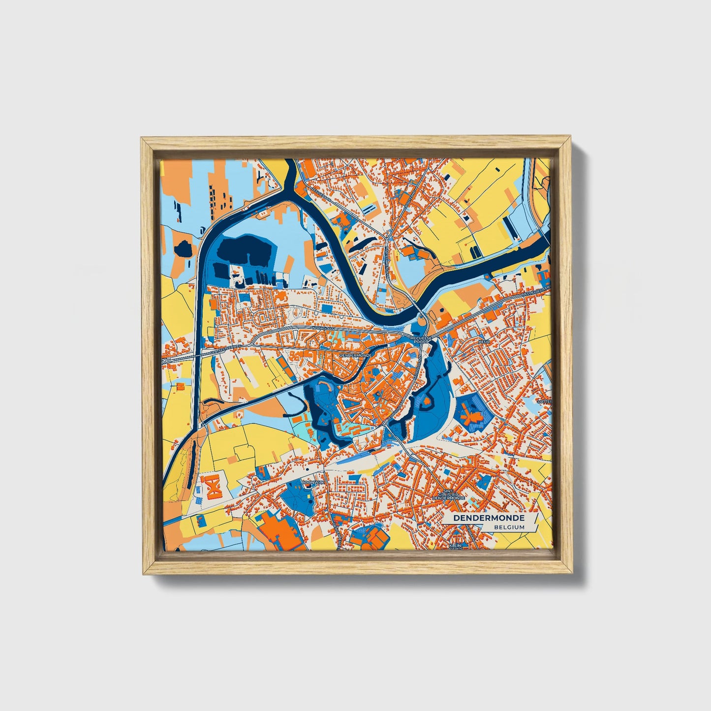 Dendermonde  Belgium Colorful City Map Canvas Print • Natural Wooden Framed