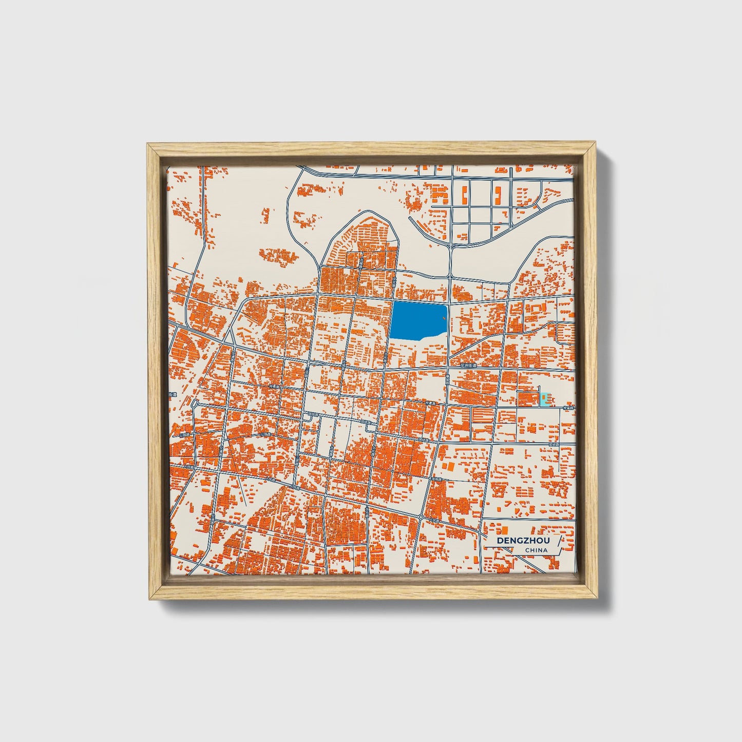 Dengzhou China Colorful City Map Canvas Print • Natural Wooden Framed