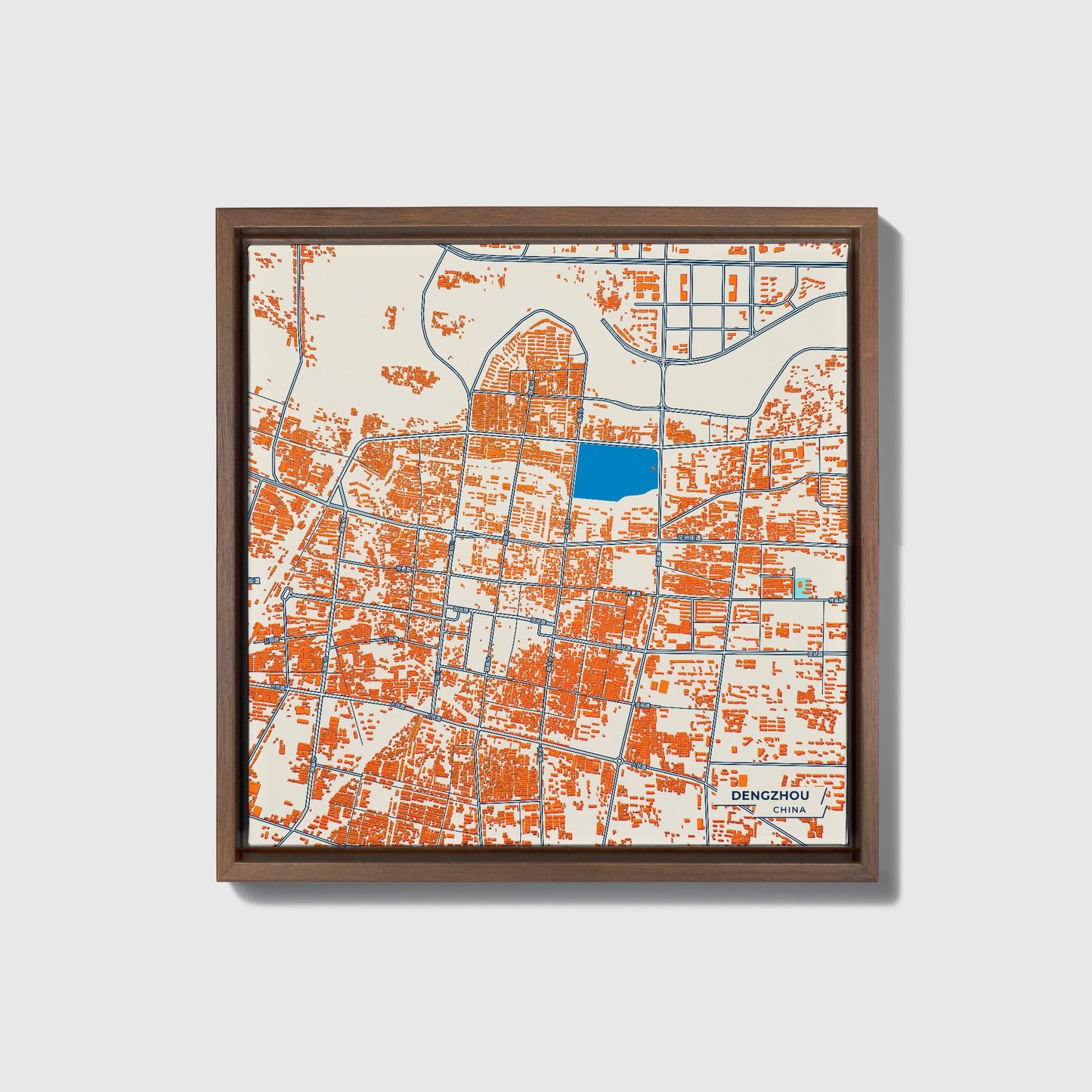 Dengzhou China Colorful City Map Canvas Print • Dark Wooden Framed