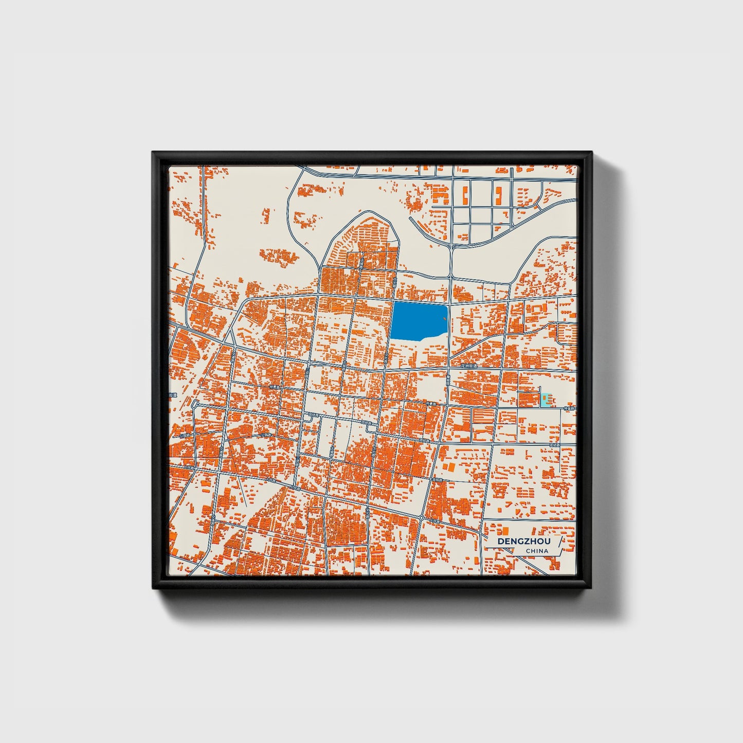 Dengzhou China Colorful City Map Canvas Print • Black Framed
