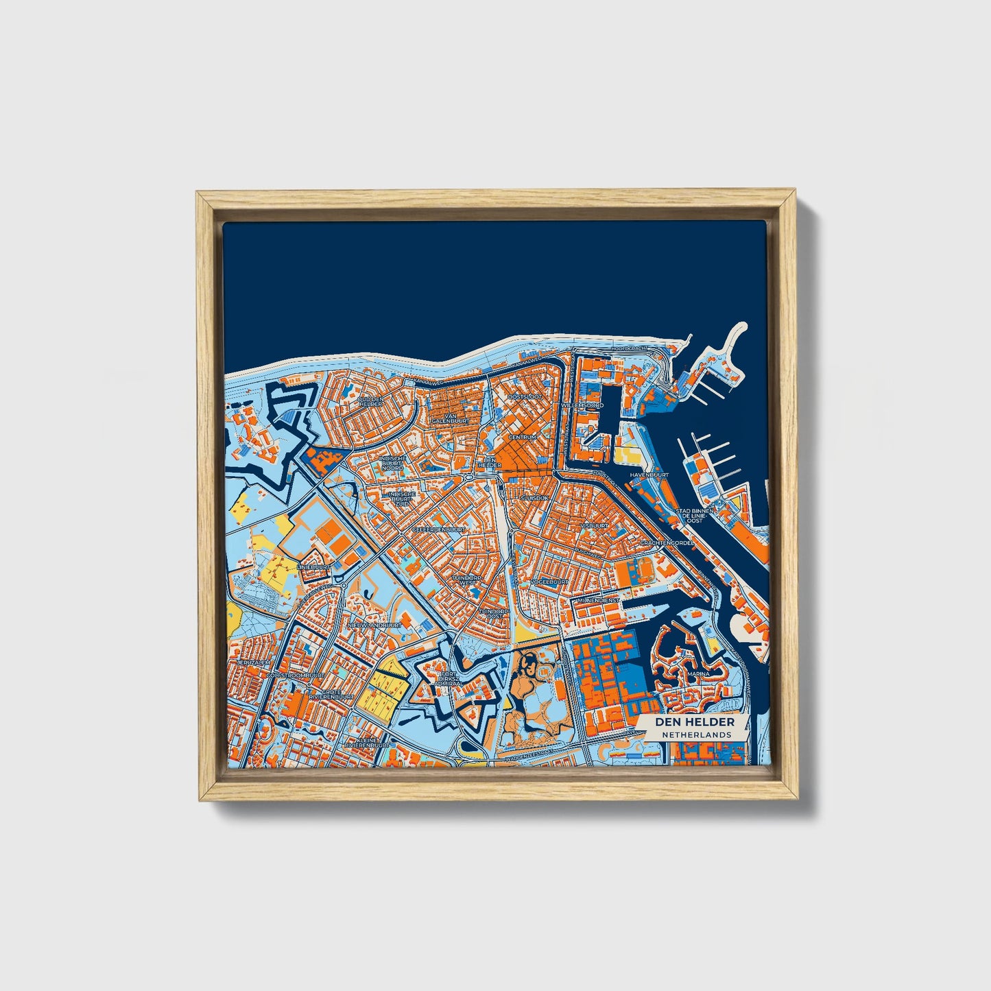 Denhelder Netherlands Colorful City Map Canvas Print • Natural Wooden Framed