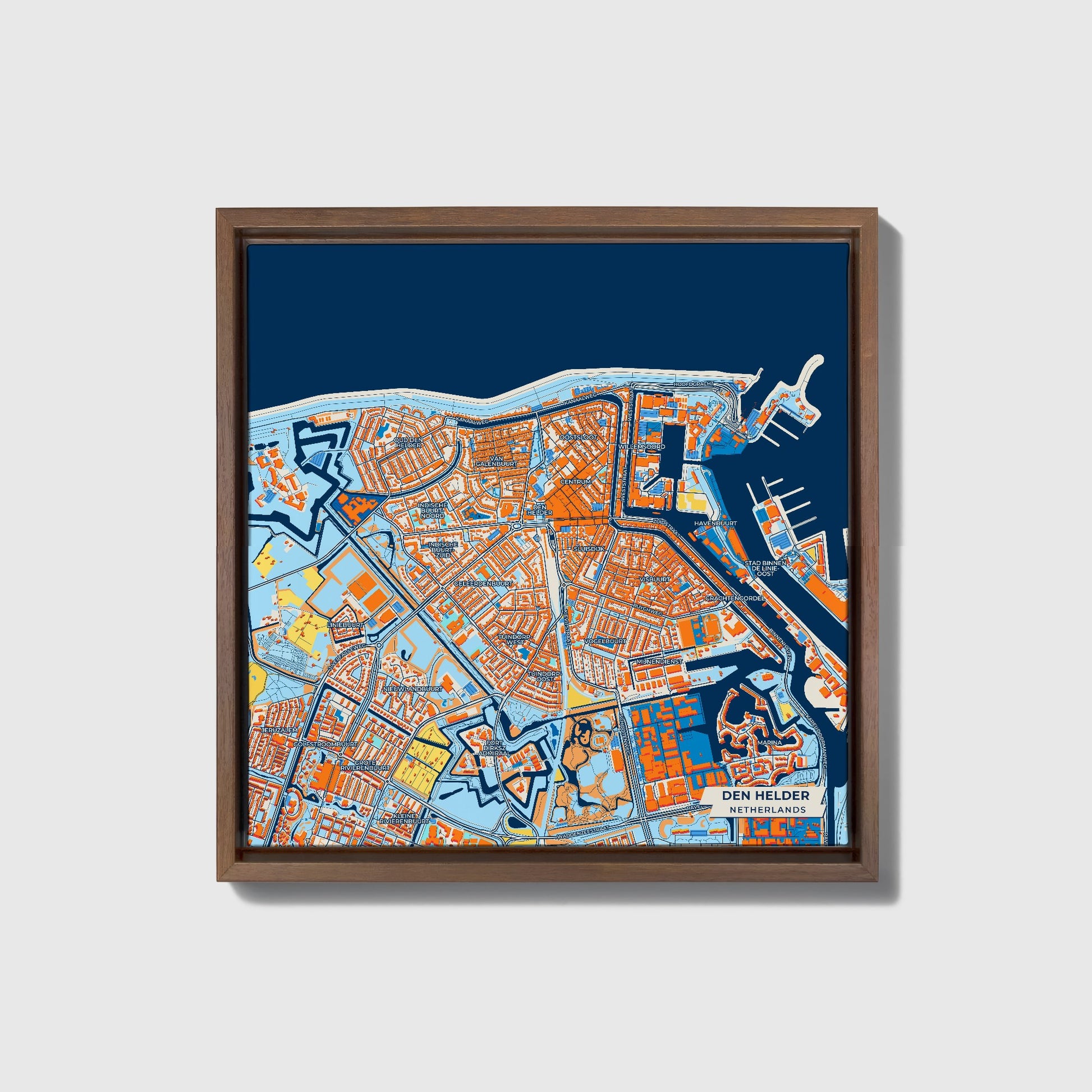 Denhelder Netherlands Colorful City Map Canvas Print • Dark Wooden Framed