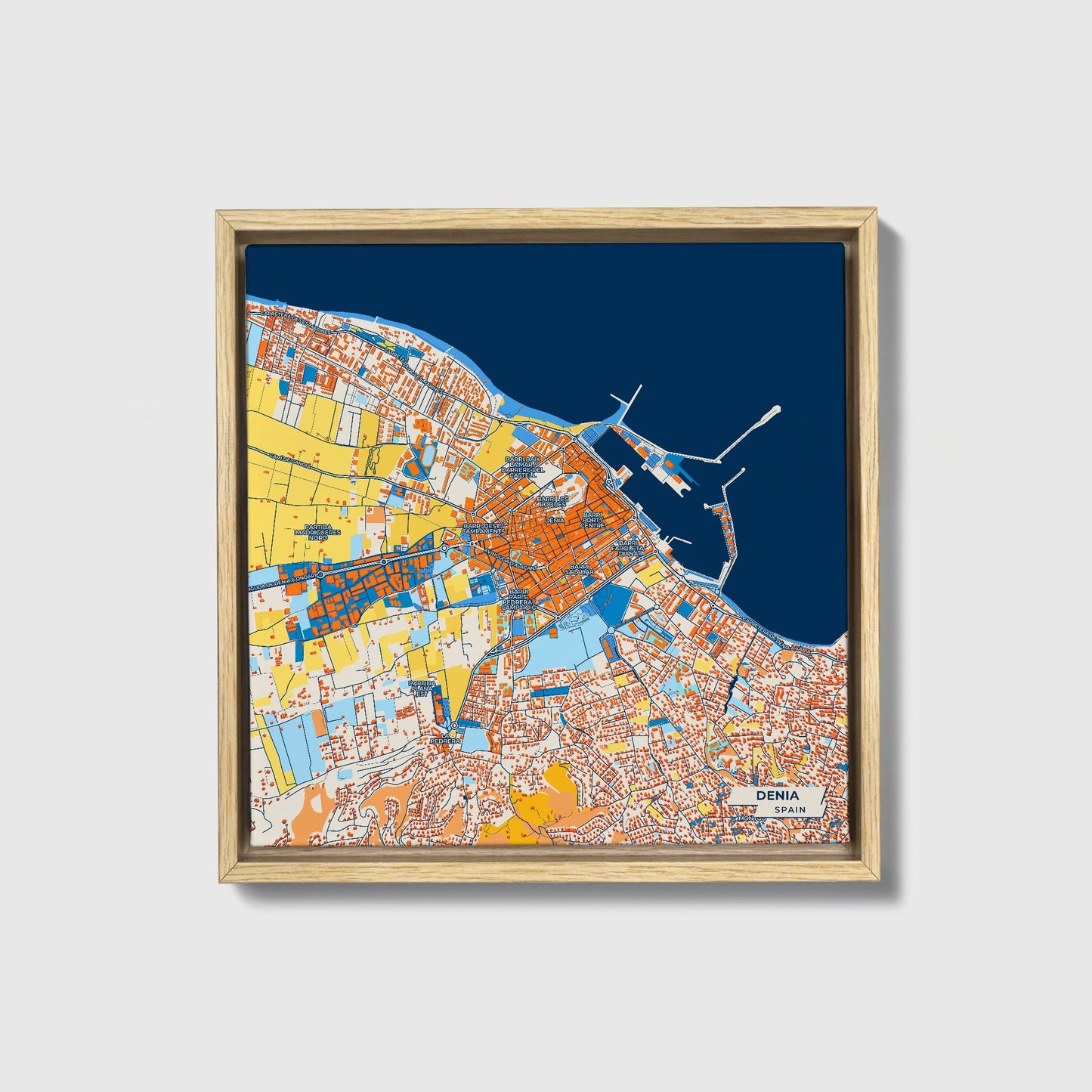 Denia Spain Colorful City Map Canvas Print • Natural Wooden Framed