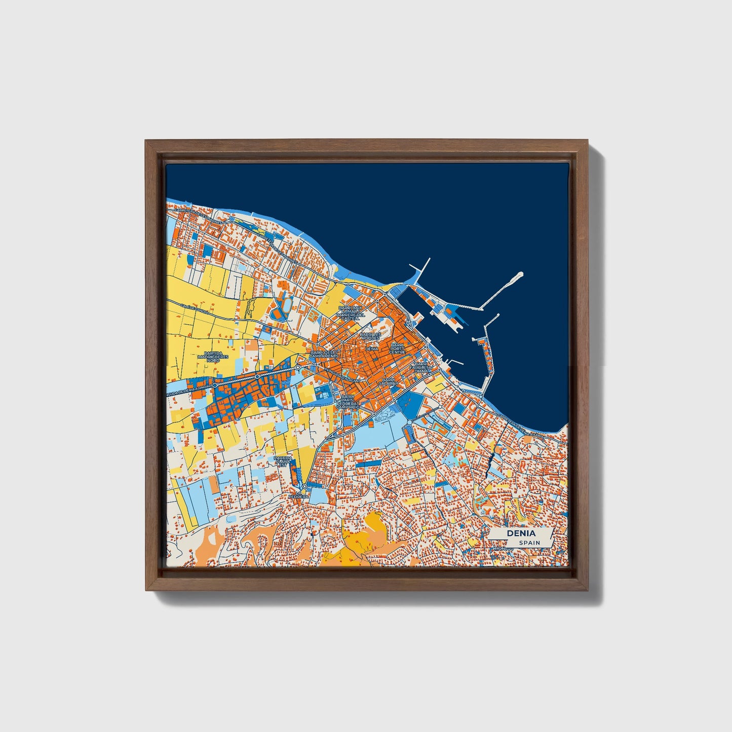 Denia Spain Colorful City Map Canvas Print • Dark Wooden Framed