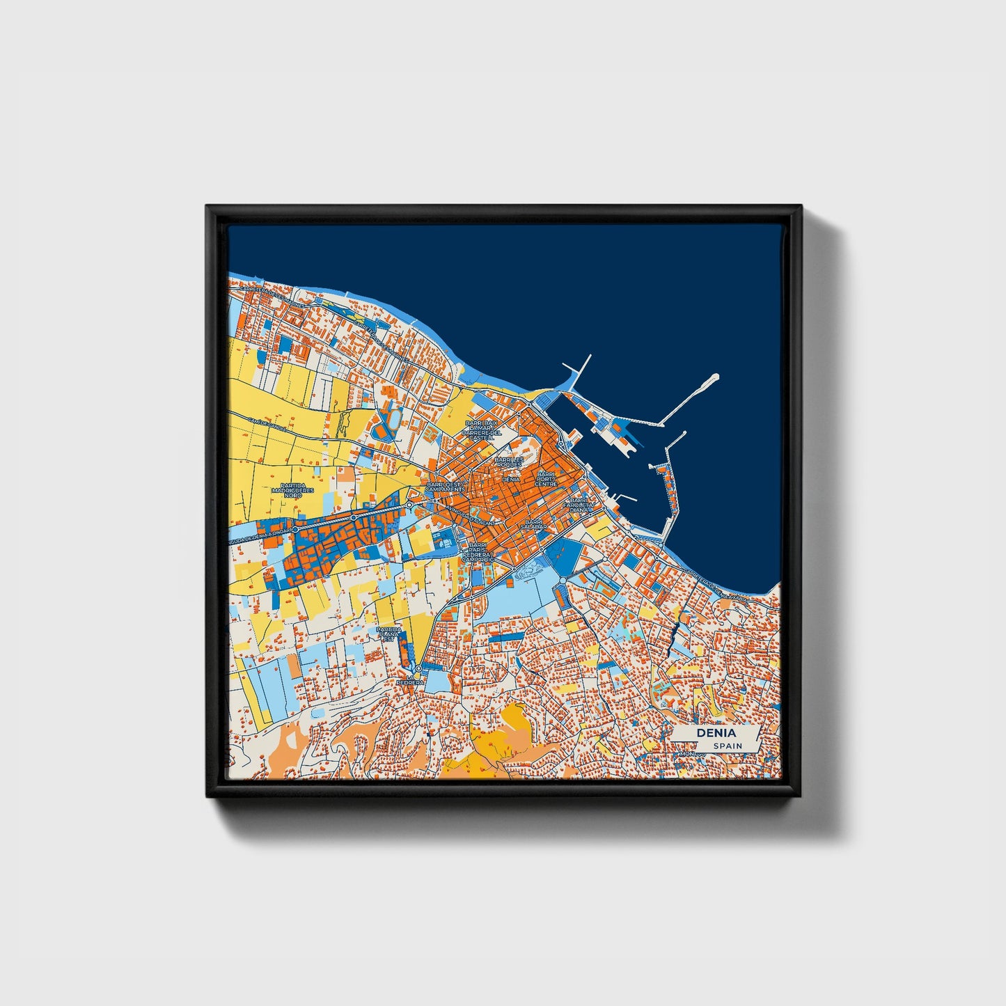 Denia Spain Colorful City Map Canvas Print • Black Framed