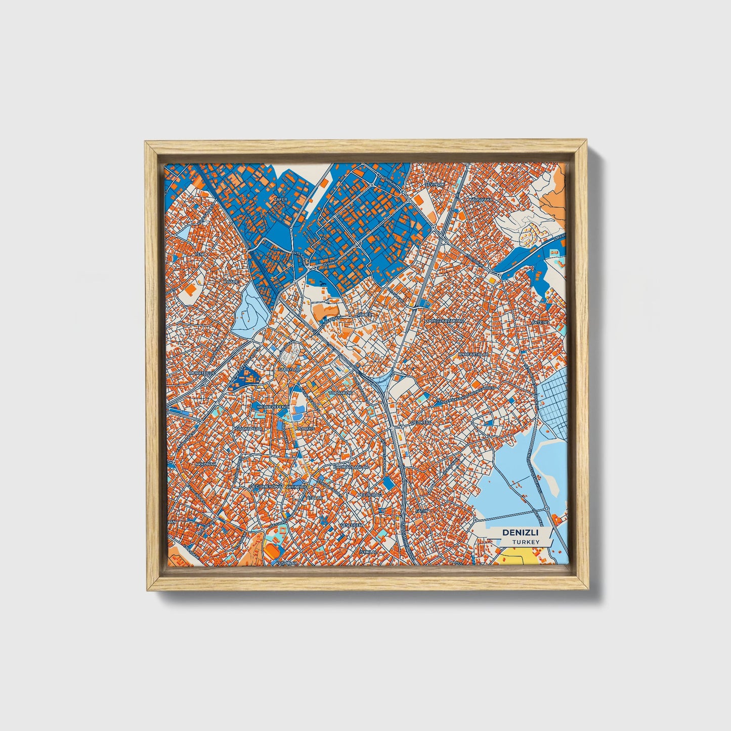 Deni̇zli̇ Turkey Colorful City Map Canvas Print • Natural Wooden Framed