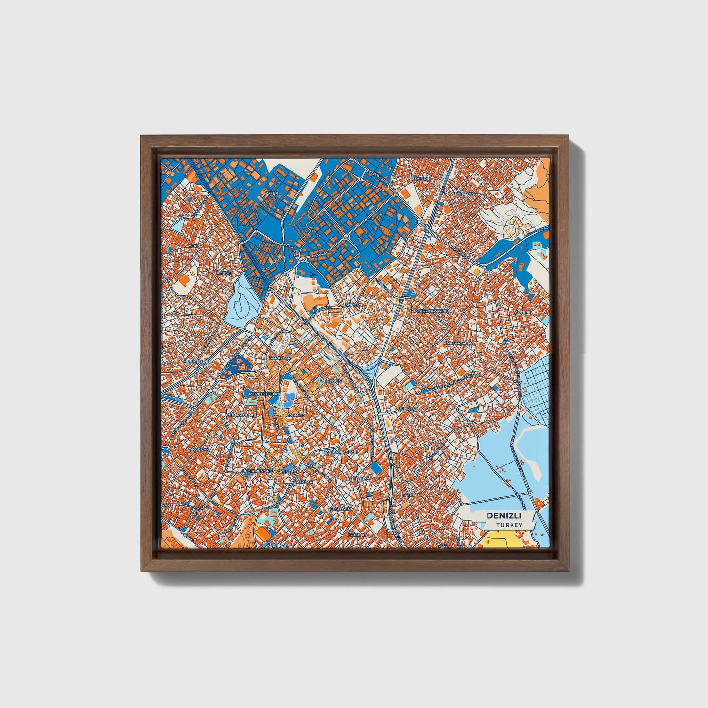 Deni̇zli̇ Turkey Colorful City Map Canvas Print • Dark Wooden Framed