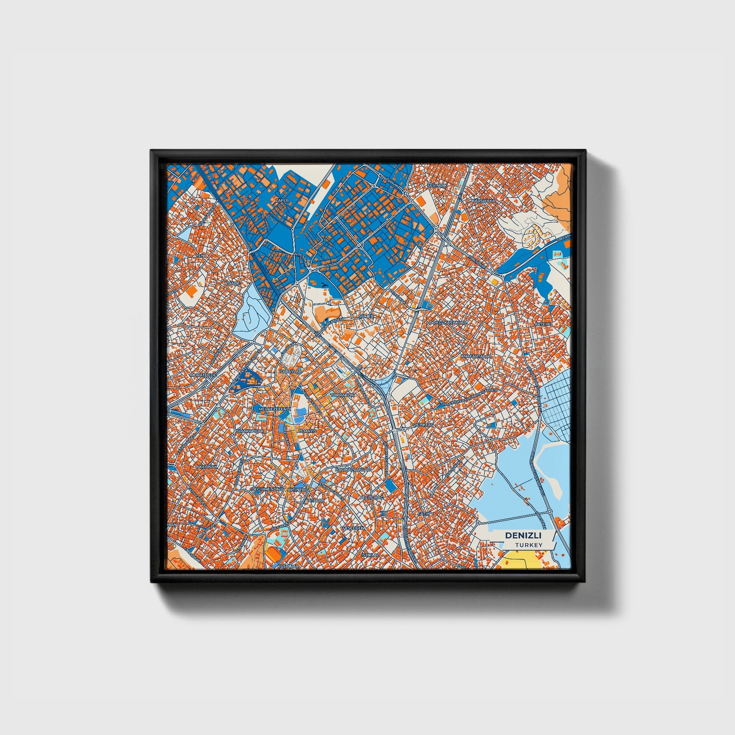 Deni̇zli̇ Turkey Colorful City Map Canvas Print • Black Framed