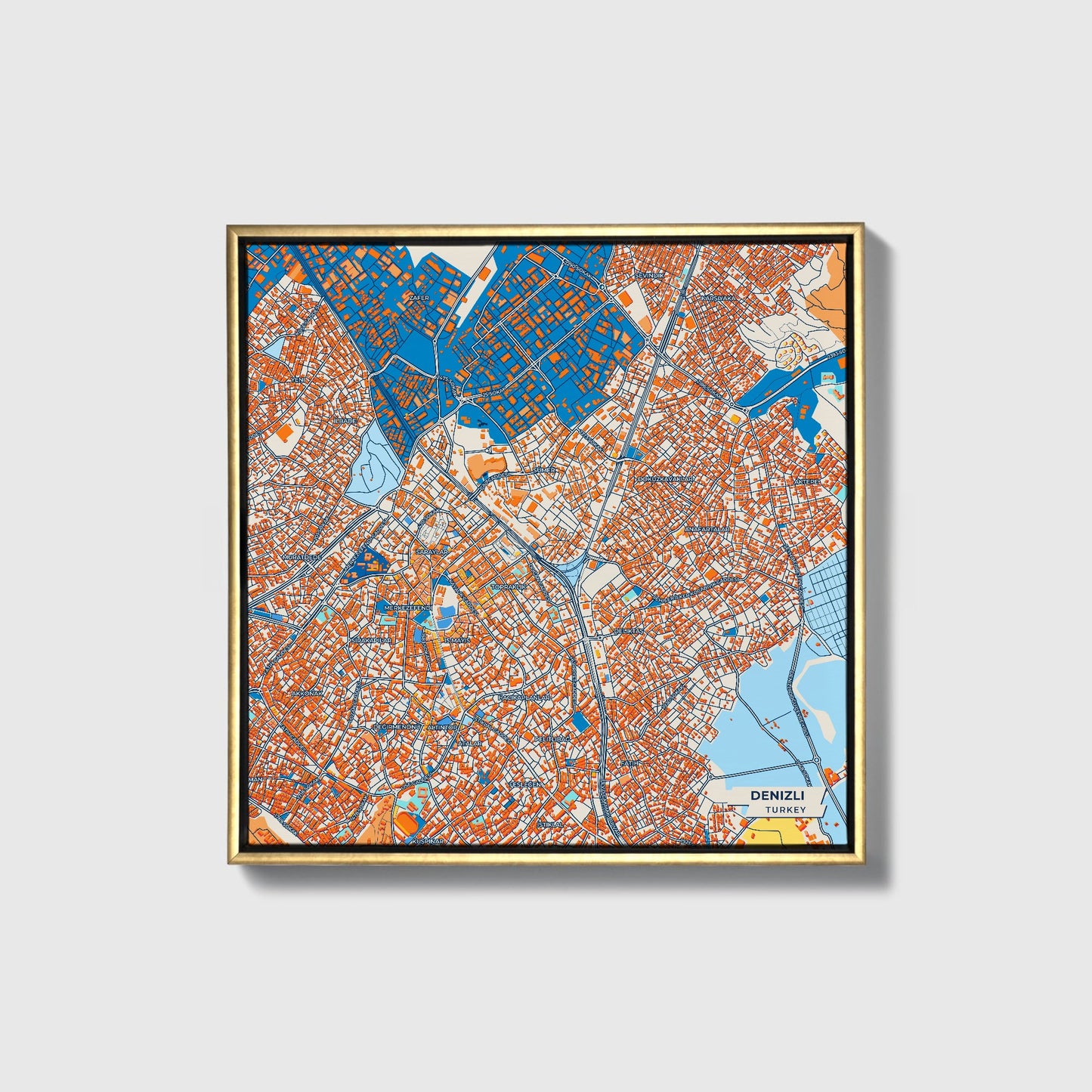 Deni̇zli̇ Turkey Colorful City Map Canvas Print • Gold Framed