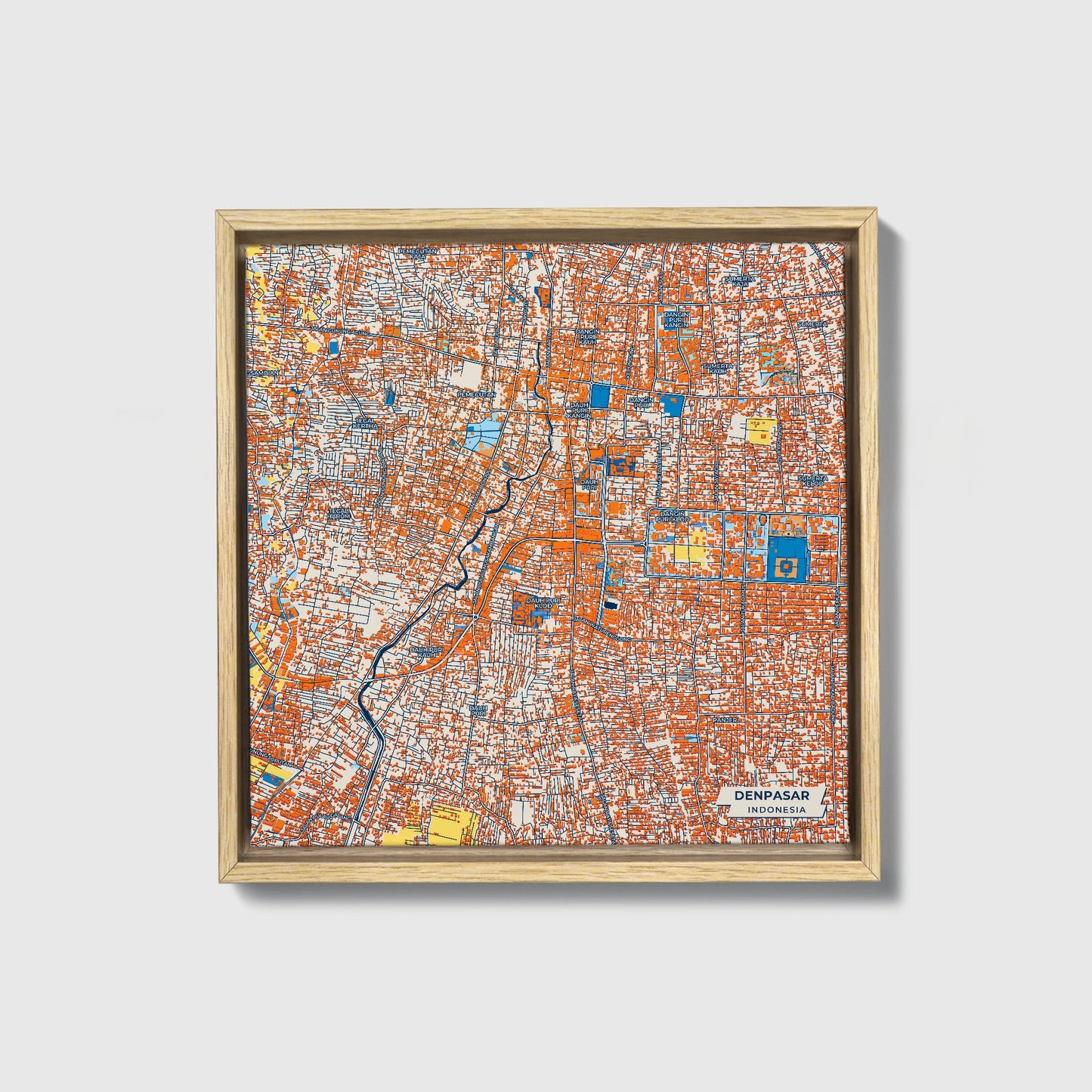 Denpasar Indonesia Colorful City Map Canvas Print • Natural Wooden Framed