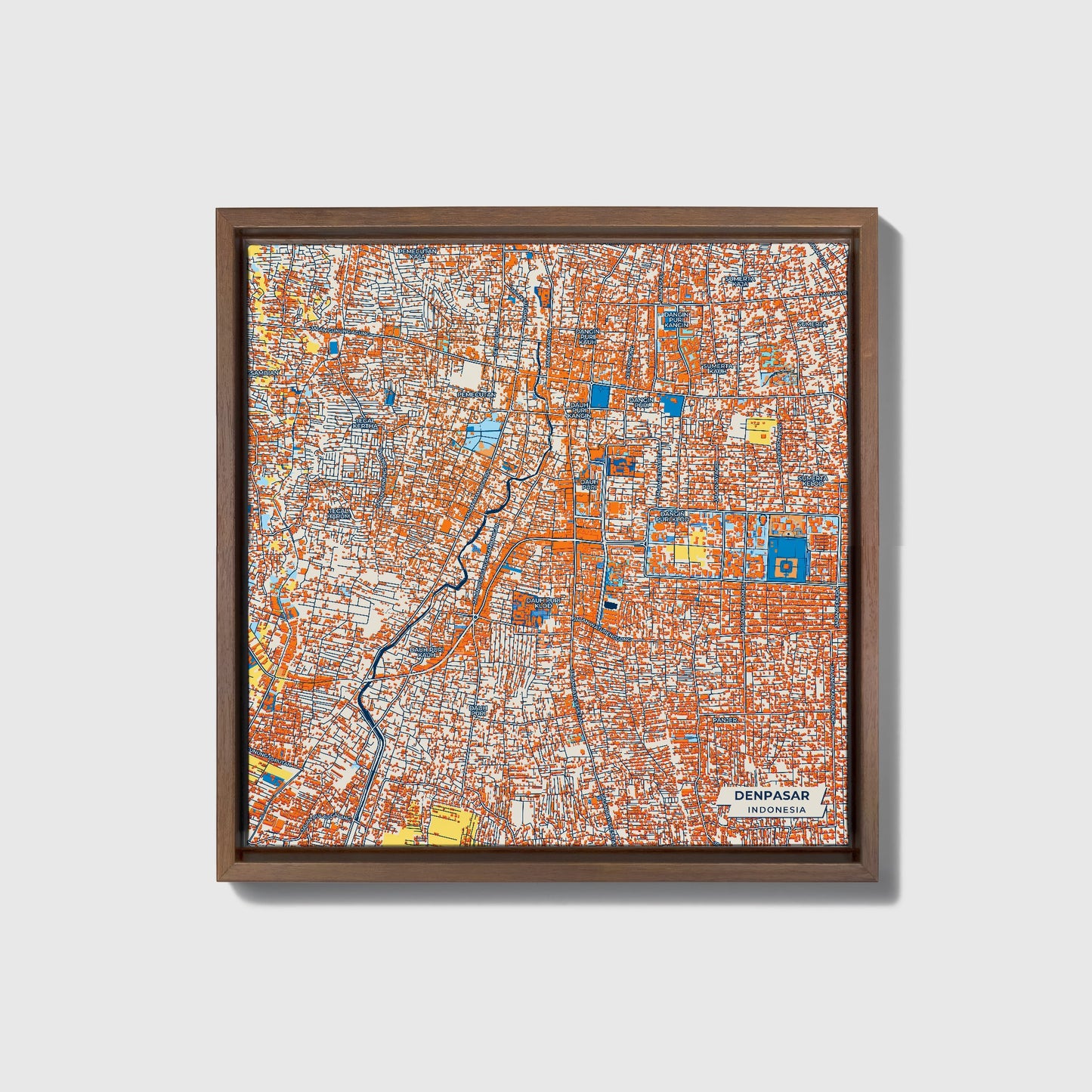 Denpasar Indonesia Colorful City Map Canvas Print • Dark Wooden Framed
