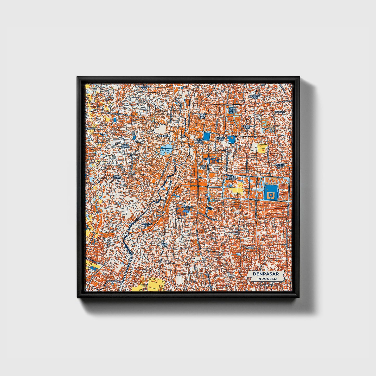 Denpasar Indonesia Colorful City Map Canvas Print • Black Framed