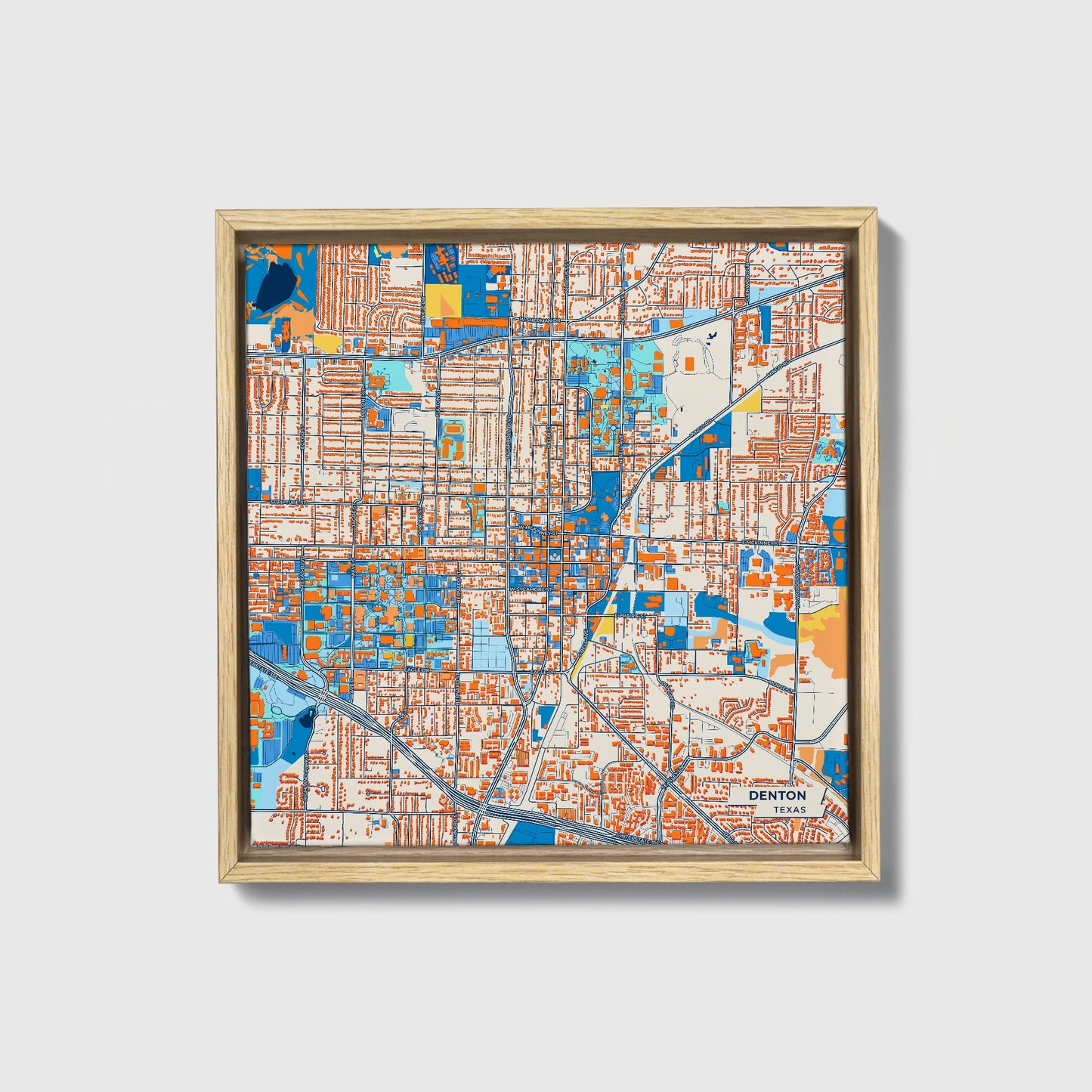 Denton Texas Colorful City Map Canvas Print • Natural Wooden Framed