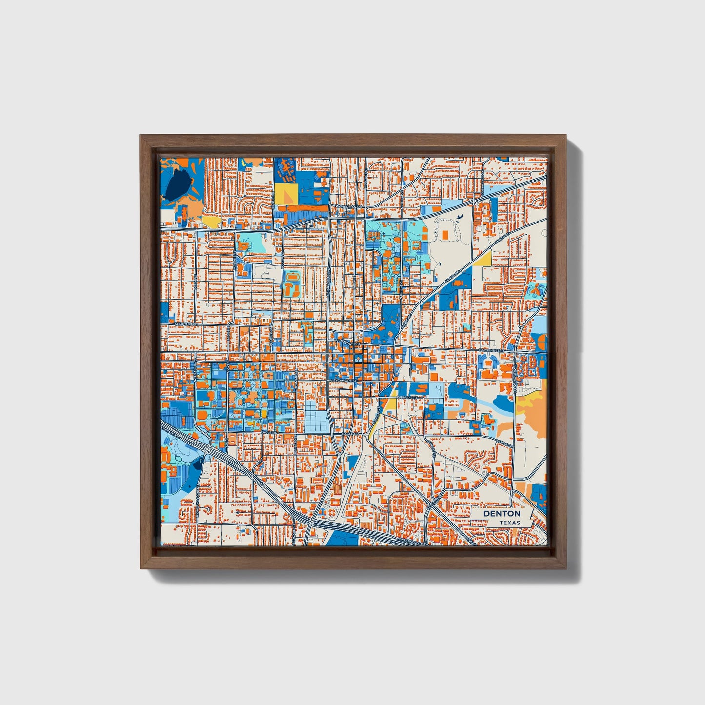 Denton Texas Colorful City Map Canvas Print • Dark Wooden Framed