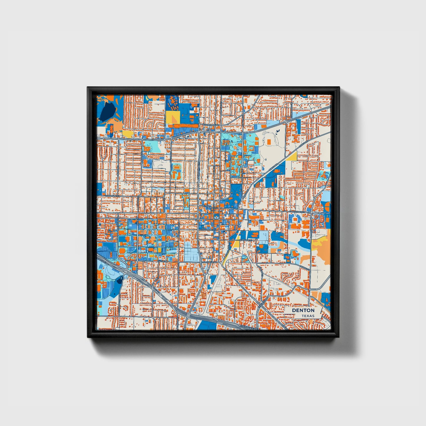 Denton Texas Colorful City Map Canvas Print • Black Framed