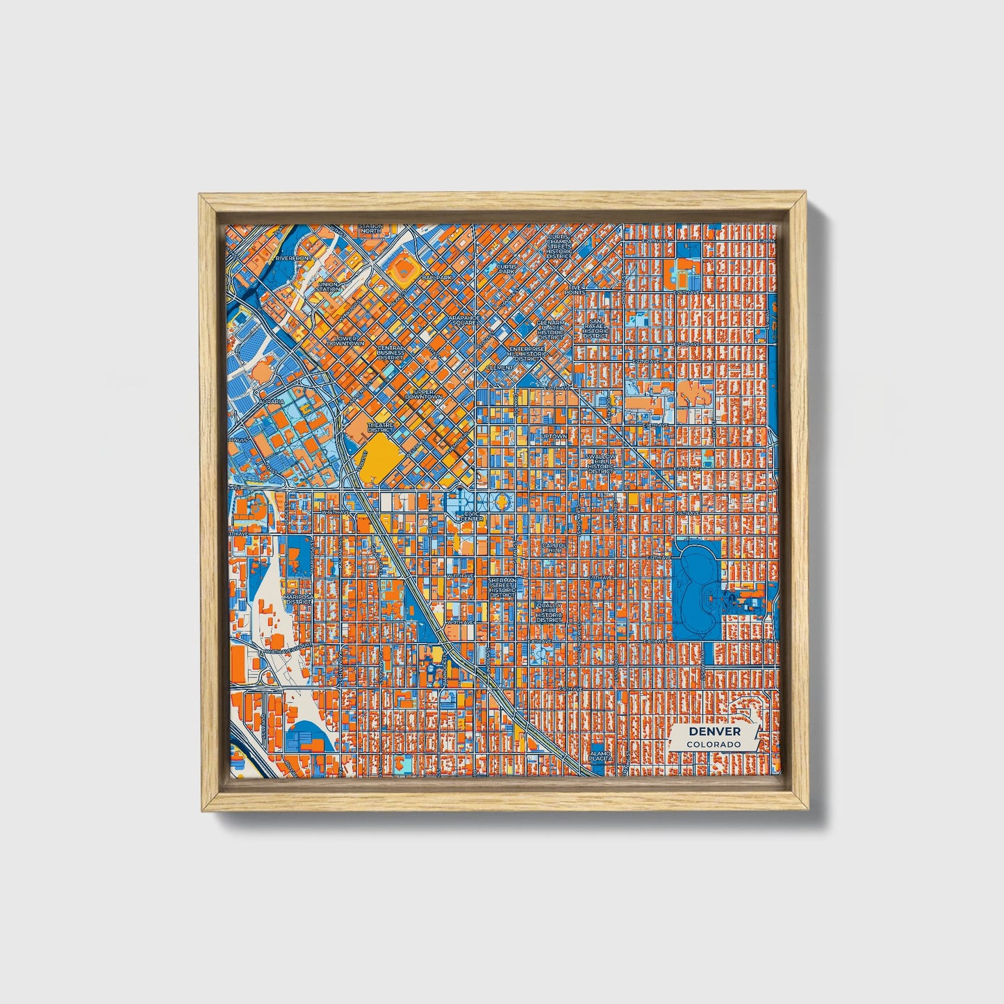 Denver Colorado Colorful City Map Canvas Print • Natural Wooden Framed