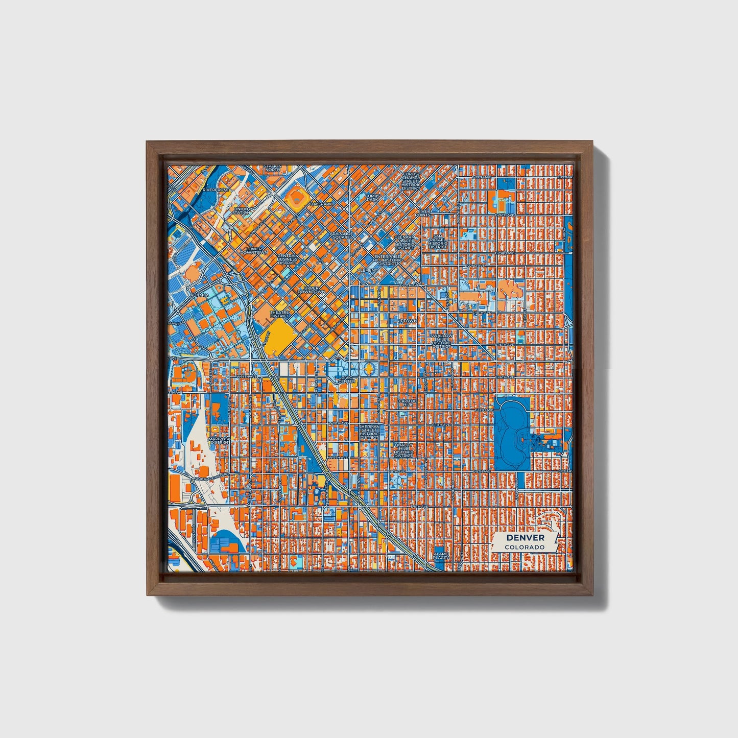 Denver Colorado Colorful City Map Canvas Print • Dark Wooden Framed
