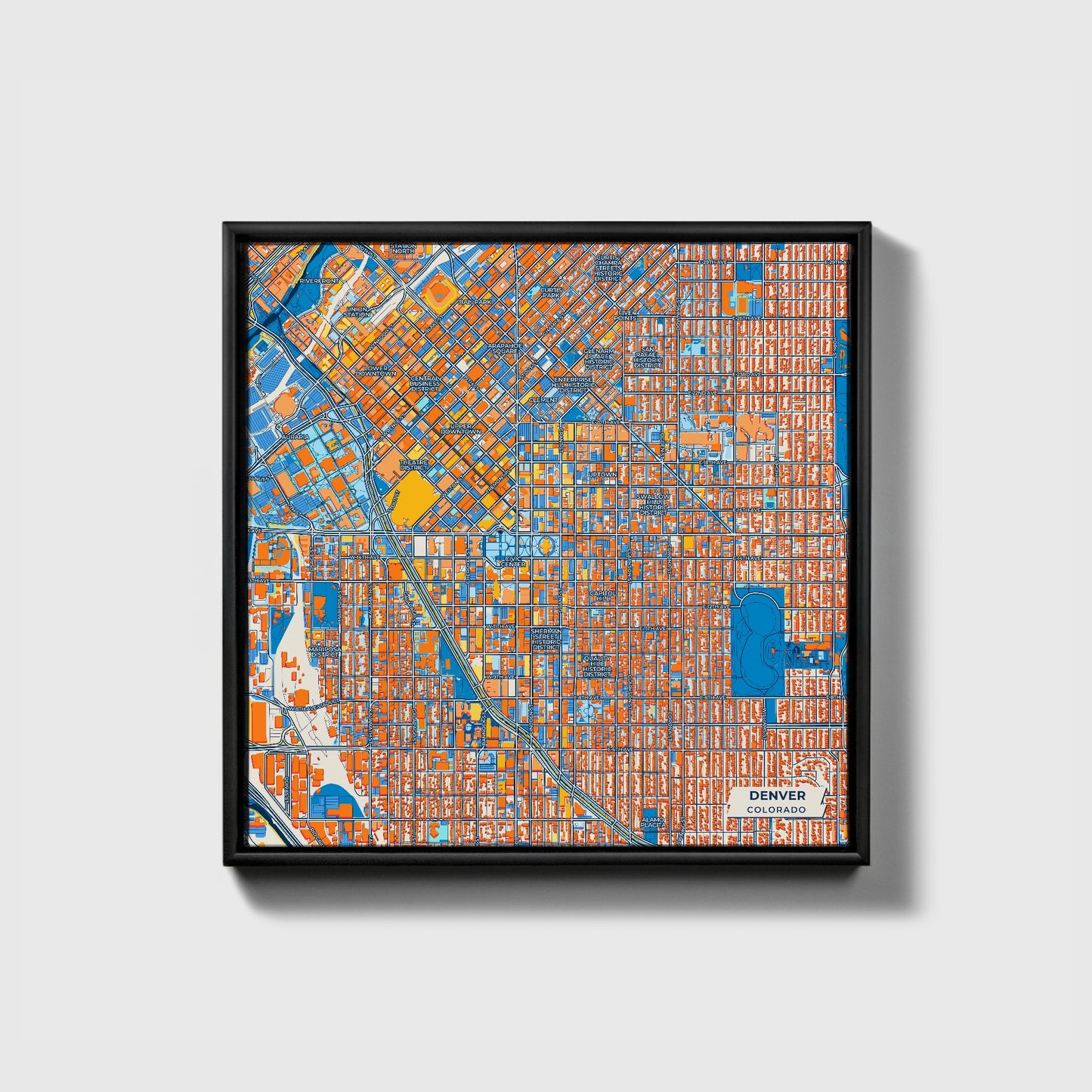 Denver Colorado Colorful City Map Canvas Print • Black Framed