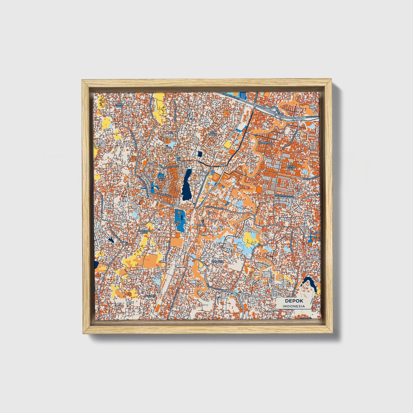 Depok Indonesia Colorful City Map Canvas Print • Natural Wooden Framed