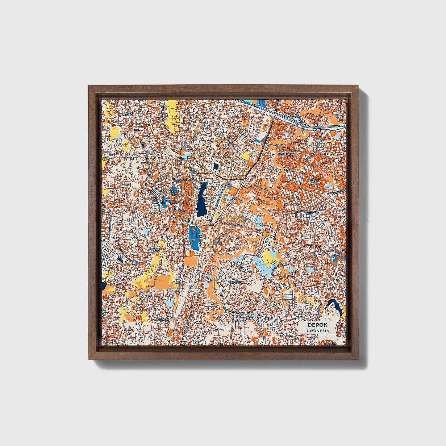 Depok Indonesia Colorful City Map Canvas Print • Dark Wooden Framed