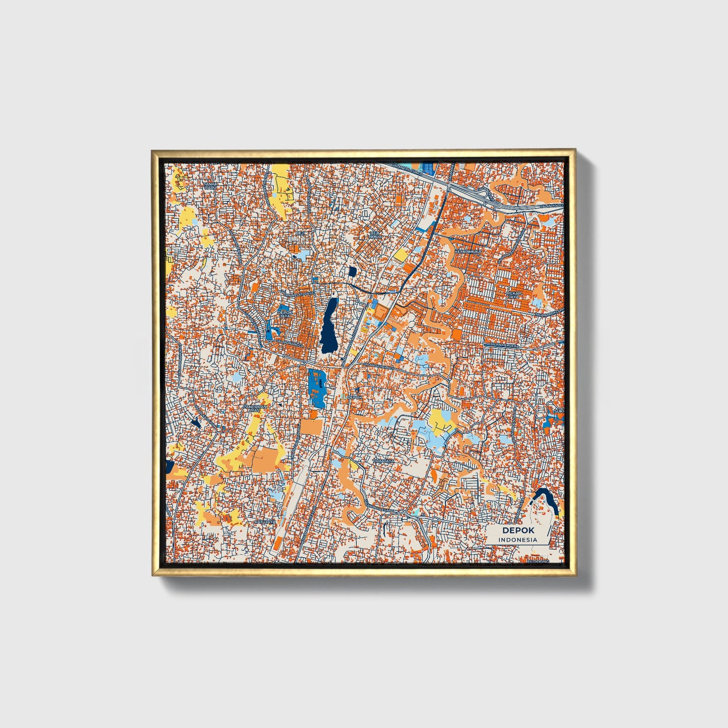 Depok Indonesia Colorful City Map Canvas Print • Gold Framed