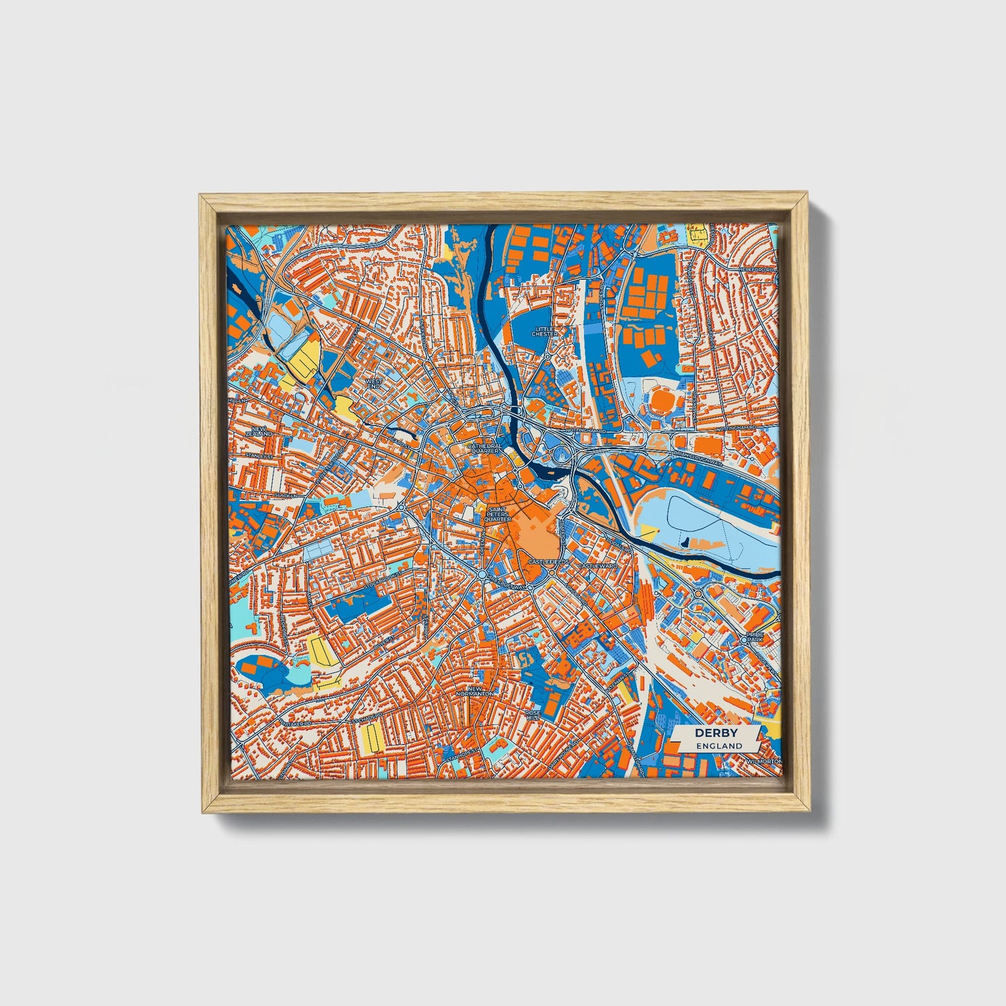 Derby England Colorful City Map Canvas Print • Natural Wooden Framed