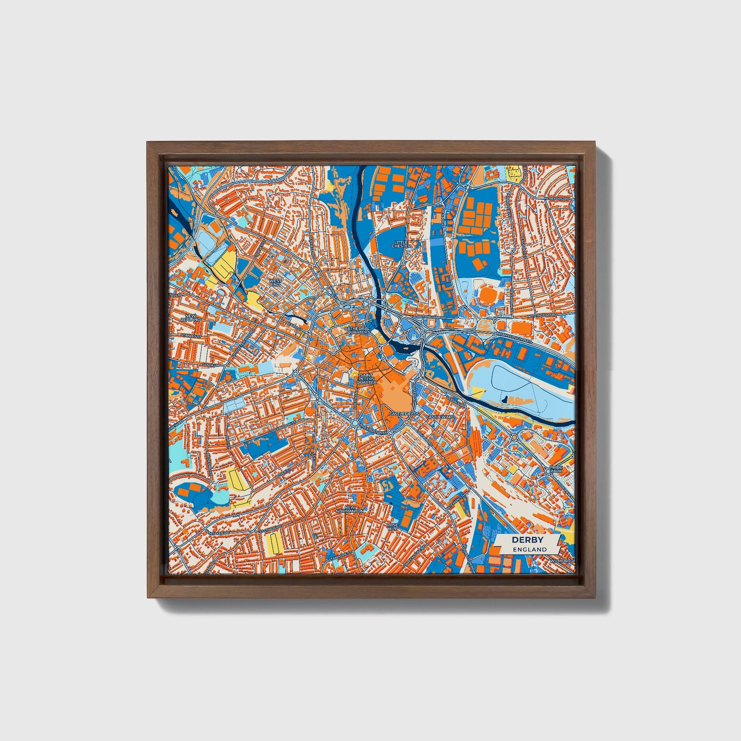 Derby England Colorful City Map Canvas Print • Dark Wooden Framed