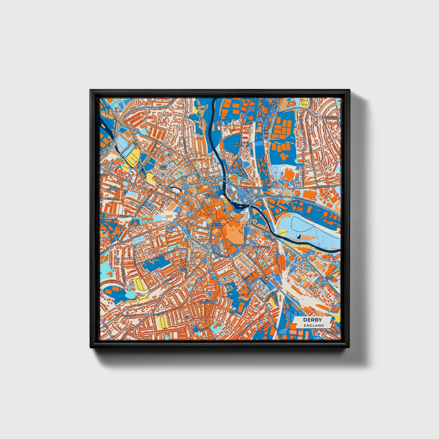 Derby England Colorful City Map Canvas Print • Black Framed